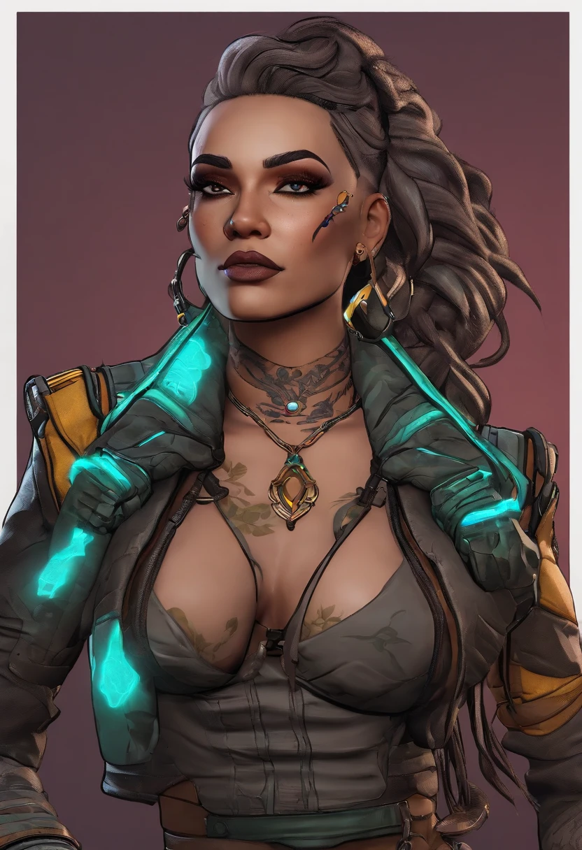 Borderlands 3 designer de personagens siren, aura, tatuagens neon, roupa Preto, pose, Cel shading style