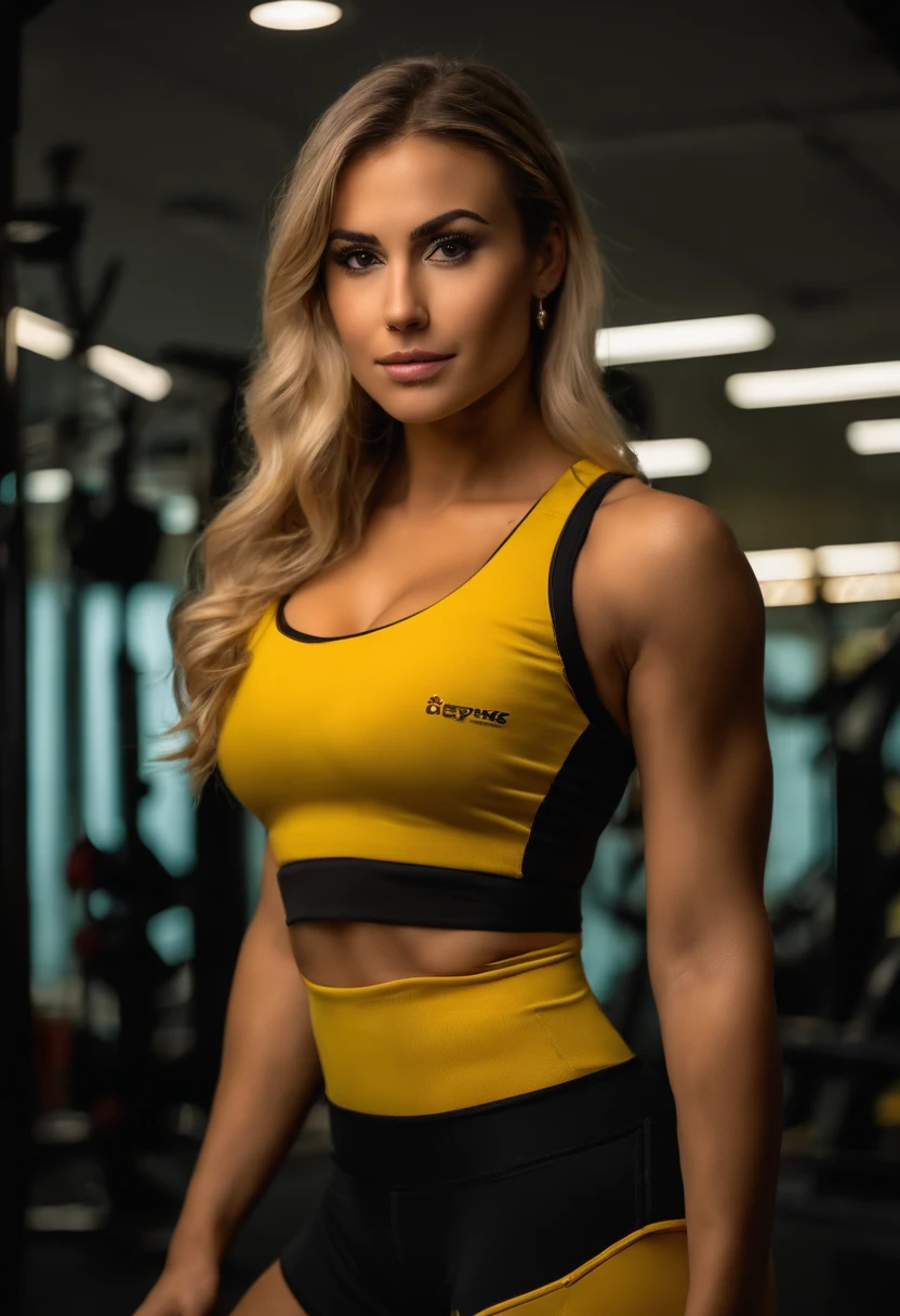 um close up de uma mulher com um top amarelo e shorts, two piece workout clothes, vestindo top amarelo, ajustarness model, sports bra and shorts, sport bra, ajustar girl, amarelo brilhante, sports bra and shirt, Esportes bem, tight push up bra, linda mulher amarela, ajustar woman, Senhora deslumbrante, Brasileiro, cottagecore!! ajustarness body, ajustar