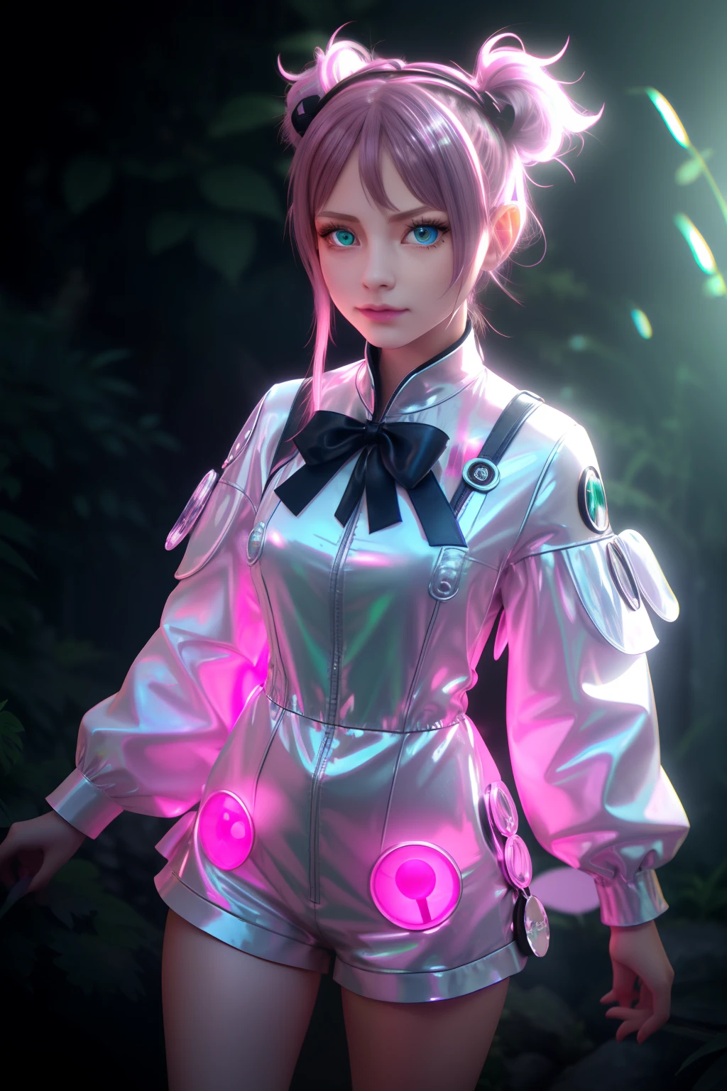 ((Full body ))dynamic lighting hyperdetailed intricately detailed Splash art, Unreal Engine((by a green glowing caterpillar)) Is a girl with blue eyes, black long hair, short twin pontails sticks out at the side of head tied with long thin pink ribbons, wearing a cute white leather romper with a  silver zip to the front and a  pocket on the right attached to a pink button to the front,