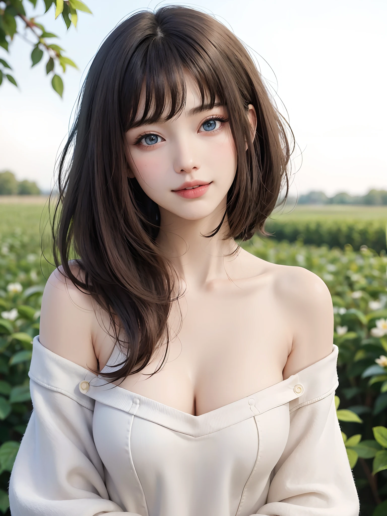(masutepiece:1.4、top-quality:1.4、Top image quality:1.4、Beautiful adult woman full of charm with cute adult smile:1.4、Ideal ratio body proportions:1.4、Beautiful teeth:1.4、lipgloss、Glossy processing、Shorthair having shiny bangs、shiny short hair with long bangs on the left and right,、Smaller face、the neck is long:1.4、Put your ears out、tall supermodel:1.4、Supermodel with broad shoulders:1.4、{Gigantic|Big|Huge|Mega} breasts:1.4, Beautiful breasts have cleavage:1.4、Face Focus、Breast Focus、hyper realisitic:1.4、Photorealistic)、(Cute high school girl、student clothes、blazers、Off-shoulder white shirt、Short plaid pleated skirt、28 year old)、Very cute and attractive woman:1.4、(Against the backdrop of nature-rich nature with autumn leaves、Red sky at sunset)