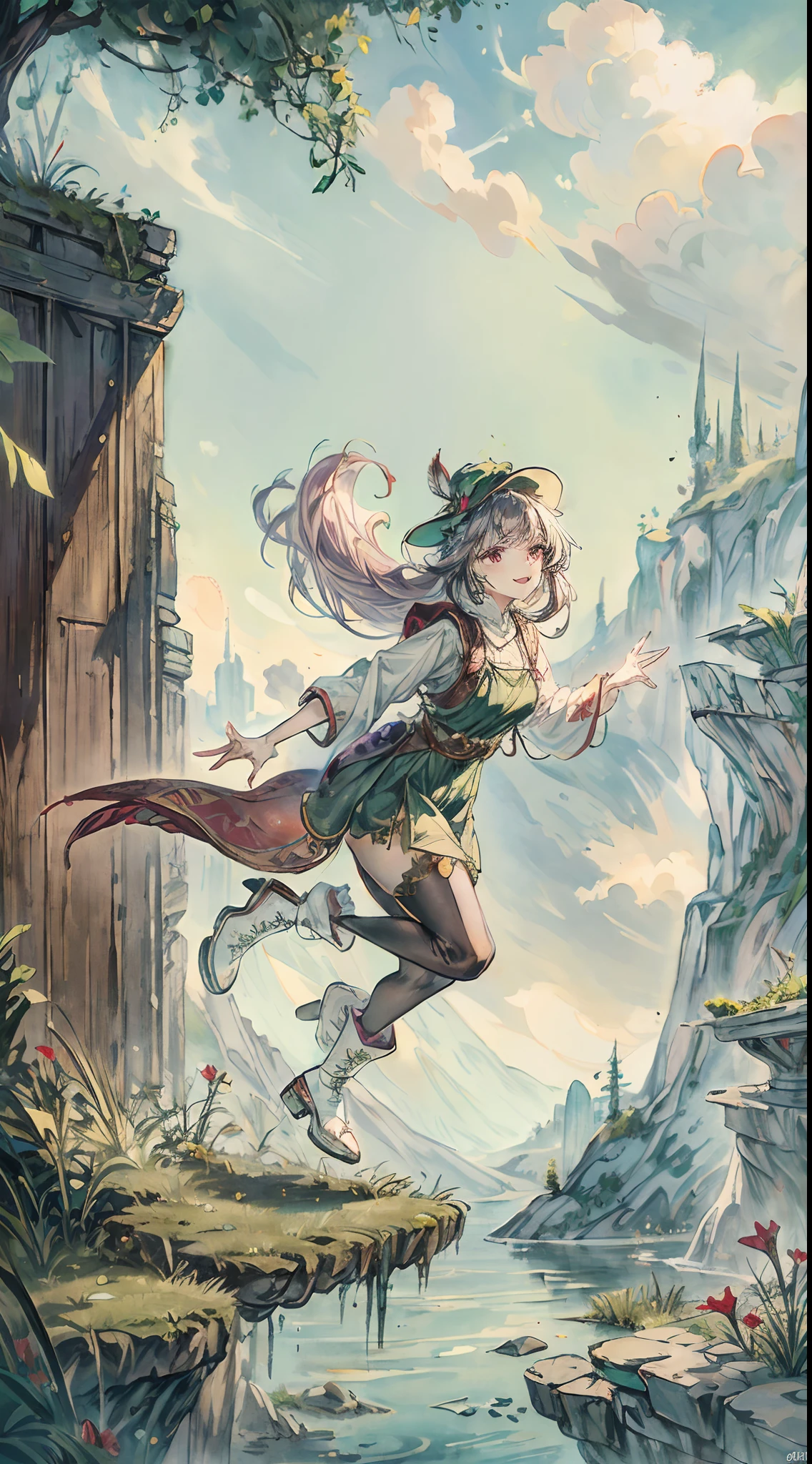 best quality, (masterpiece:1.2), illustration, absurdres,  (1girl, solo), (beautiful detailed girl),, Aeolia, lilac hair, long hair, red eyes, medium breasts,, happy, cheerful,, green hat, hat with feather ornament, green dress, green coat, (fantasy:1.1) (medieval:1.1) outfit, (black_pantyhose:1.1), white shirt, brown shorts, fleece lined boots, brown boots,, magical forest, flowers, fairy ring, ancient ruins, stone ruins, lake, sky, clouds