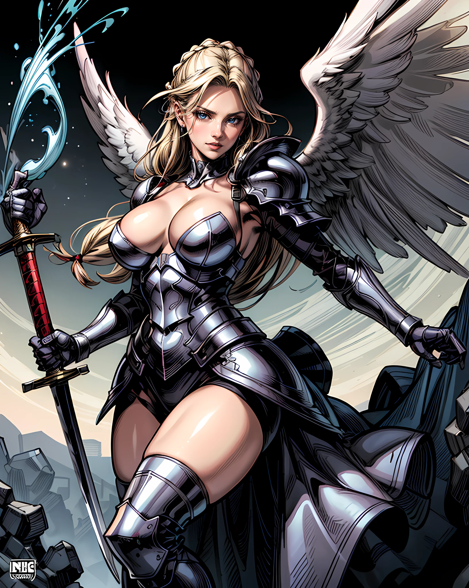(Comic book cover art: 1.5), an female archangel prepared for battle, an extremally beautiful warrior angel, ultra feminine, long hair, blond hair, braided hair, wearing divine heavy armor, (white armor: 1.3), (angel wings: 1.2) spread, aremed with fantasysword sword, sword covered with blue fire, 16k, RAW, ultra wide shot, photorealism, depth of field, hyper realistic, 2.5 rendering, comic cover