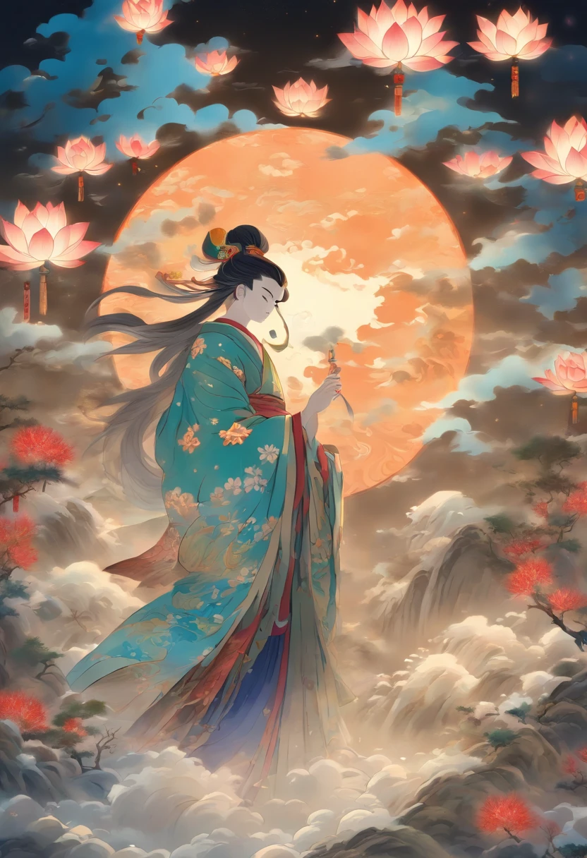 strong light, celestial beings, feudal Japan, night, full moon in the background, Shui Mo Hua, lotus, Chinese painting style, Thangka style, masterpiece, lunar light, depth of field, best quality