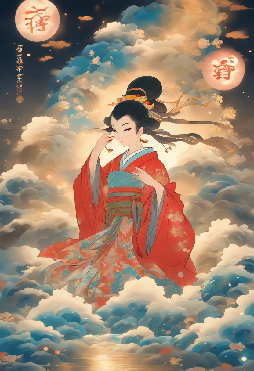 strong light, celestial beings, feudal Japan, night, full moon in the background, Shui Mo Hua, lotus, Chinese painting style, Thangka style, masterpiece, lunar light, depth of field, best quality