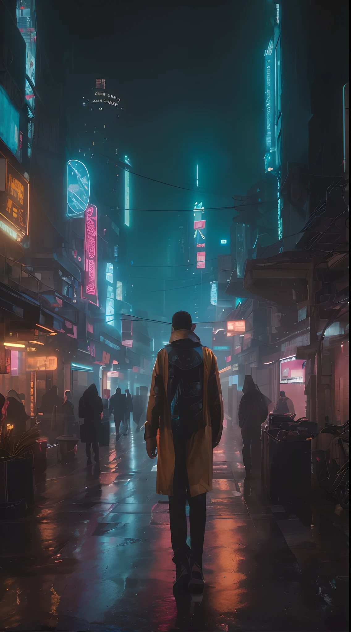 there is a man walking down a street at night in the rain, blade runner vibes, cyberpunk streets at night, cyberpunk street, in cyberpunk city, like a scene from blade runner, cyberpunk city street, cyberpunk night street, cyberpunk street at night, in a cyberpunk city, cyberpunk in a cyberpunk city, in a futuristic cyberpunk city, at an cyberpunk city