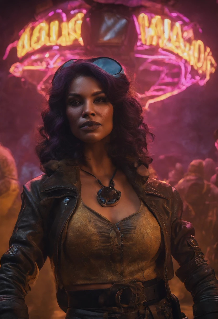 Borderlands 3 designer de personagens siren, aura, tatuagens neon, sobretudo Preto, edgy pose, Cel shading style, aura purple,