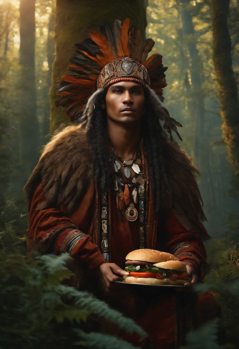 (Best quality), (super fin), (Masterpiece), illustration, (Jeune homme), in the forest, chaman, peau noire, Wearing the shaman decoration, Prier,In front of you is a huge KFC burger,
