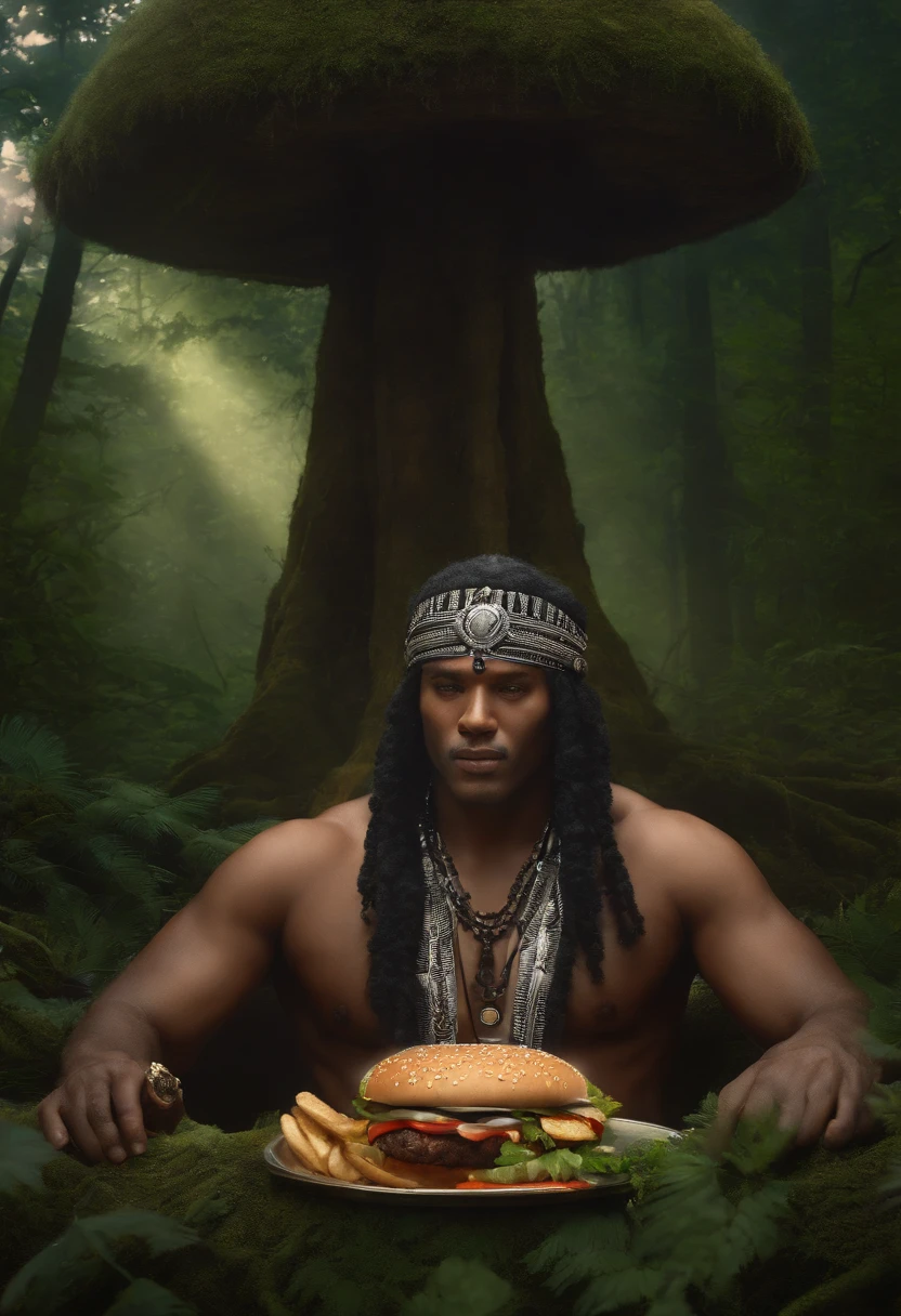 (Best quality), (super fin), (Masterpiece), illustration, (Jeune homme), in the forest, chaman, peau noire, Wearing the shaman decoration, Prier,In front of you is a huge KFC burger,