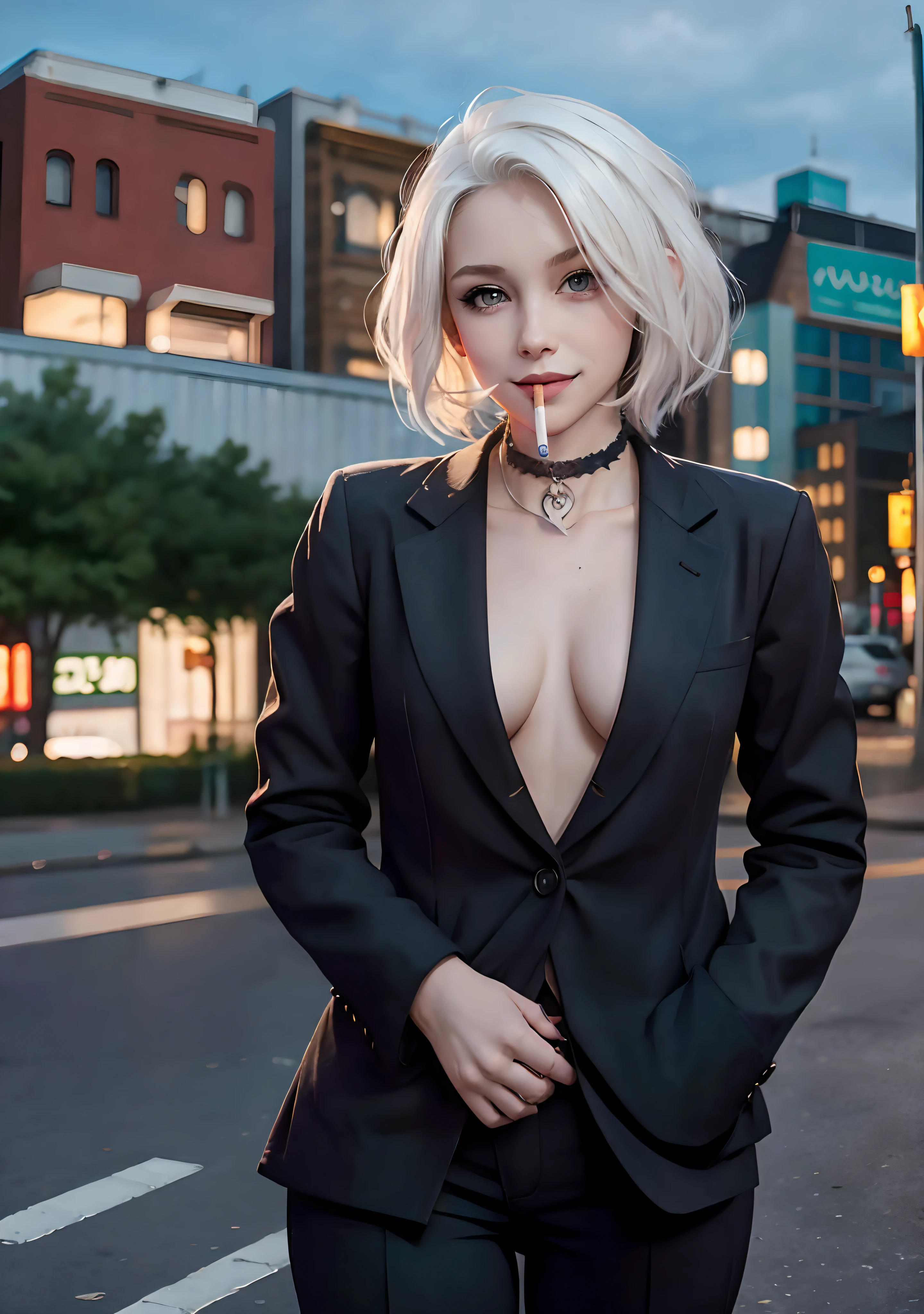 (masterpiece, best quality:1.2), cowboy shot, solo, 1girl, white hair, short wavy hair, purple eyes, average breasts, slender body, light smile, looking at viewer, hands in pockets, formal, suit, (braless), cleavage, black pants, choker, cityscape scenery, street, night light, night time, cigsmoker, cigarette smoke