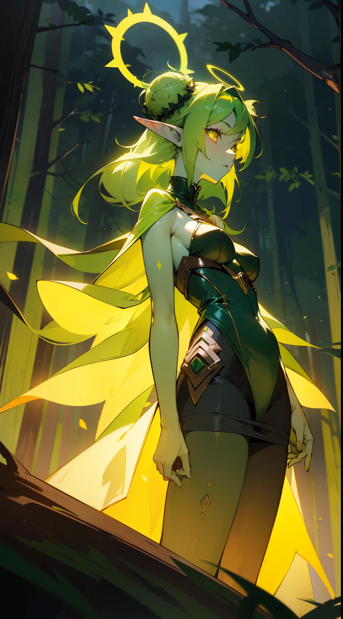 1girl,solo,((green skin,colored skin)),medium breasts,green hair,double bun,elf ears,pink eyes, empress of nature dress,black pantyhose,(((yellow halo))),(night castle in forest), night,