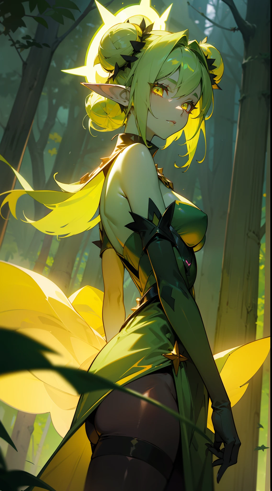 1girl,solo,((green skin,colored skin)),medium breasts,green hair,double bun,elf ears,pink eyes, empress of nature dress,black pantyhose,(((yellow halo))),(night castle in forest), night,