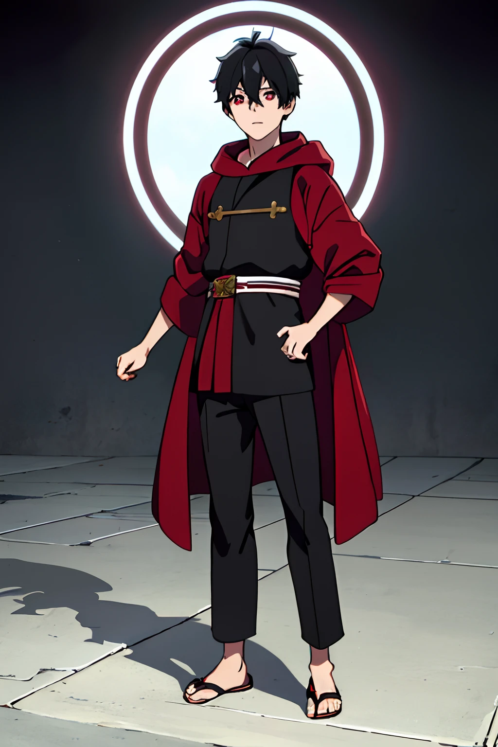 masterpiece, best quality, high quality, 1boy, solo, male focus, looking at viewer, upper body, kabane_kusaka, black hair, red eyes, hair between eyes, , coat, full body, flipflops, cleric, monk, religious