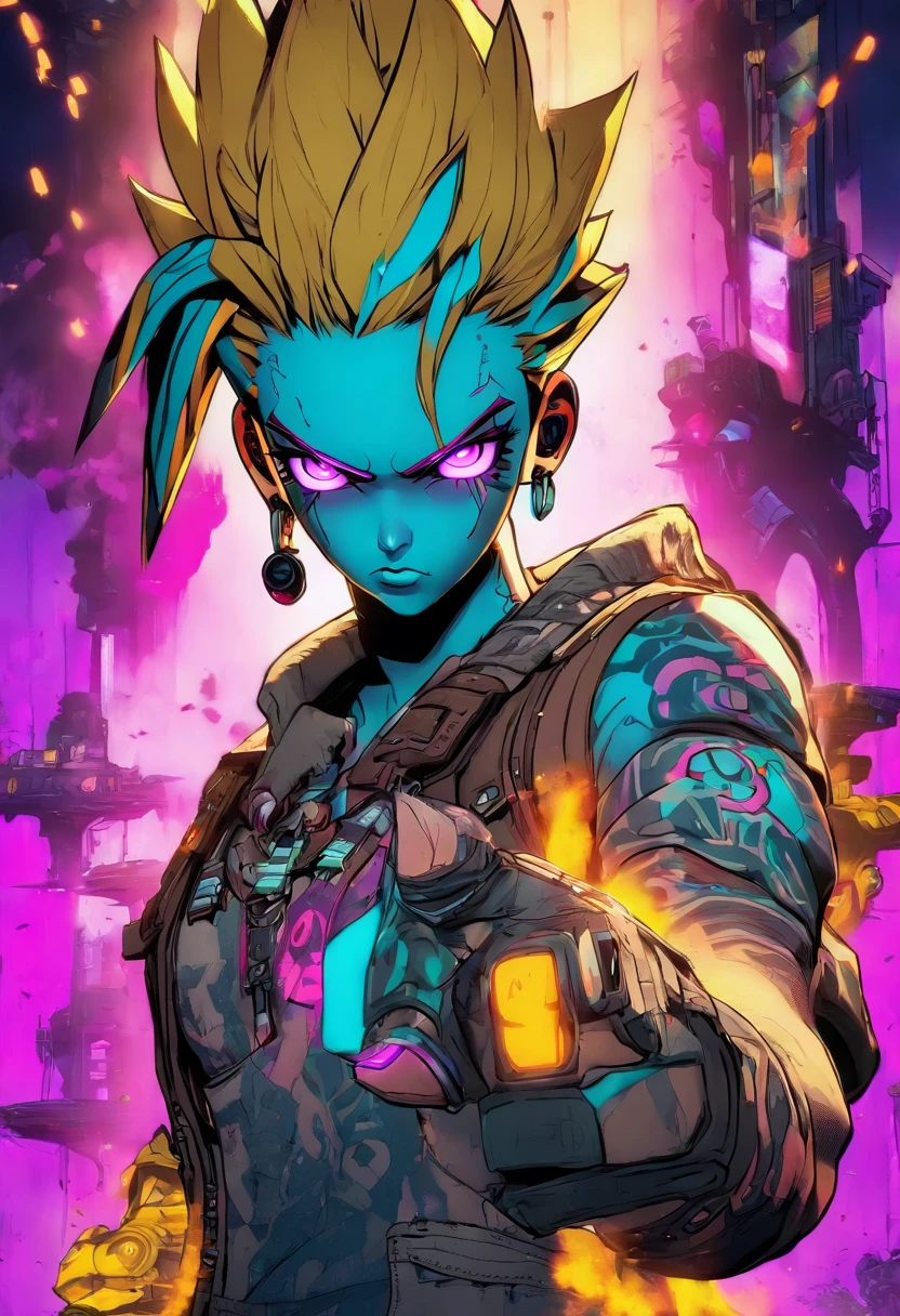 Borderlands 3 designer de personagens homem siren, aura, tatuagens neon, sobretudo Preto, edgy pose, Cel shading style, aura purple, borderlands scenario
