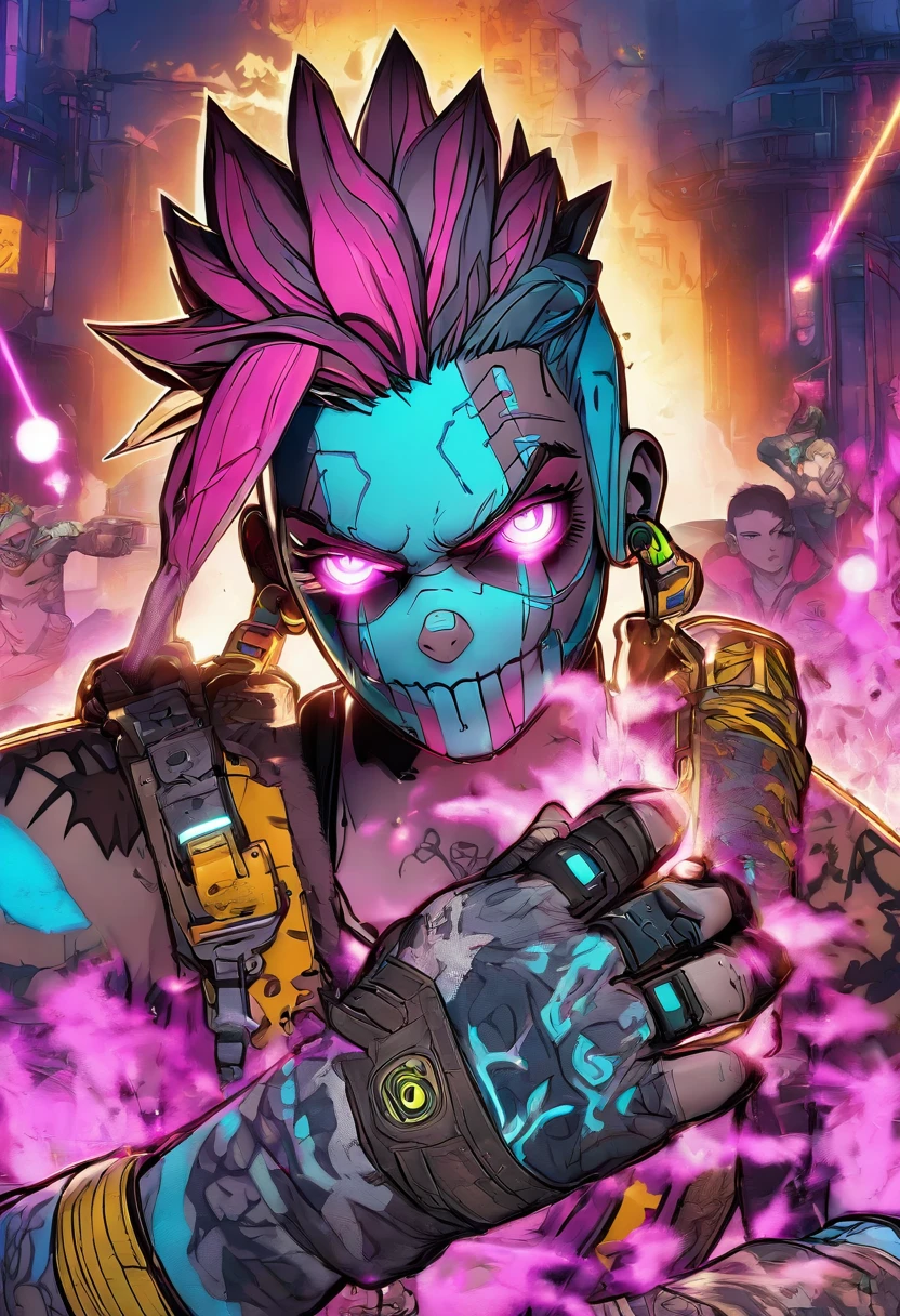 Borderlands 3 designer de personagens homem siren, aura, tatuagens neon, sobretudo Preto, edgy pose, Cel shading style, aura purple, borderlands scenario