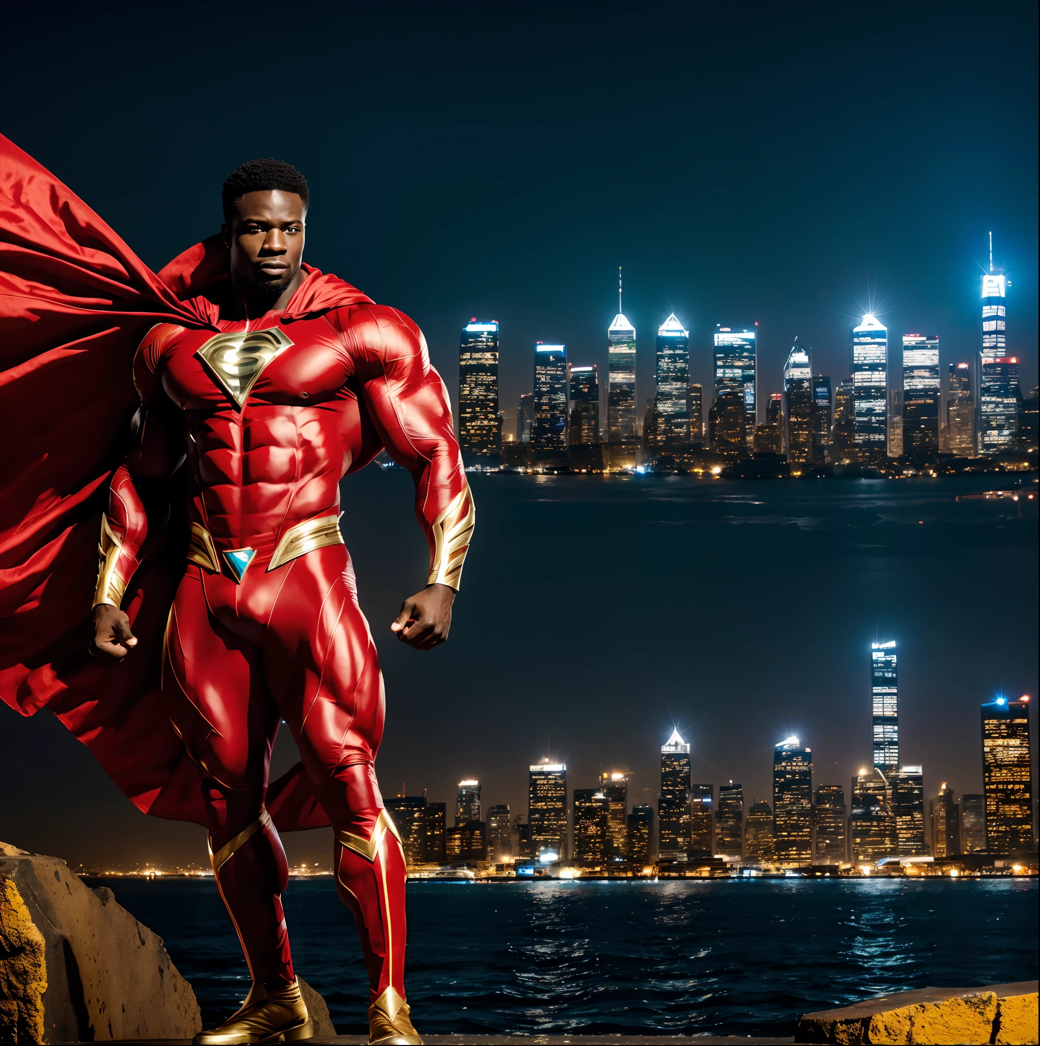 ultra-detailed,african superhero,beautiful muscular body,brilliantly colored costume,confident pose,vivid colors,expressive eyes,wind blowing through cape,city skyline in the background,dynamic lighting,atmospheric depth,rich texture,celestial theme,heroic aura
