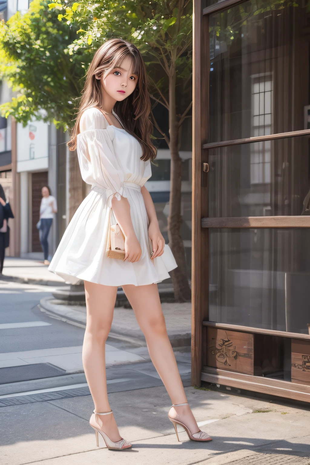 Top image quality、8K、masterpiece:1.3))、Realistic high-quality photos、top-quality、girl cute-fine face、13 years old beautiful Japan girl、Photo of slim little girl model、Beautiful girl model、young japanese girl、Young cute face、japanaese girl、13-year-old female model、Beautiful Model Girl、The innocent look of the girl next door、lovely delicate face、Brown hair、Beautiful brown eyes、Tear bag、drooing eyes、young body、 (Movie Lighting) (Dramatic Lighting) (Sharp Focus) (with an intricate), (Short flare dress, heels), ((Full body shot)), (Outdoor background)