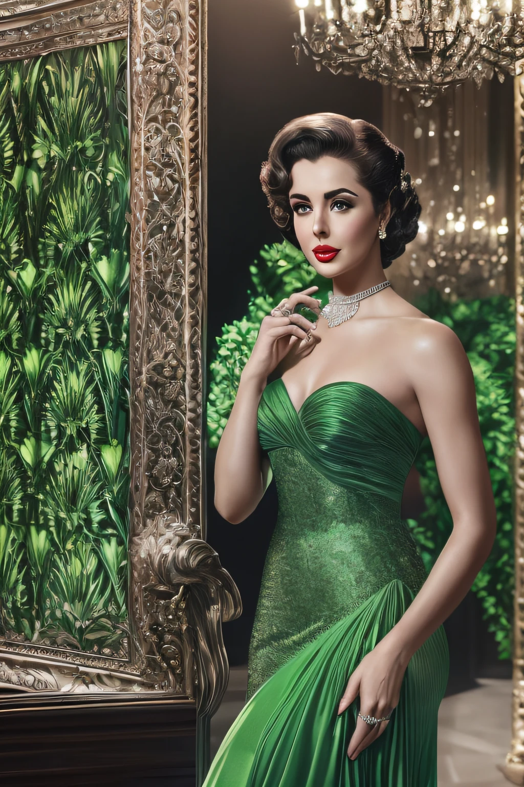 (best quality,4k,highres,masterpiece:1.2),ultra-detailed,(realistic,photorealistic:1.37),young Elizabeth Taylor,dressed in evening gown,beautiful detailed eyes and face,emerald necklace,detailed lips,demure expression,curly brown hair,graceful standing posture,red carpet paparazzi,camera flash,Hollywood golden age,glamorous Hollywood star,classic black and white photography,film noir lighting,old Hollywood glamour,vintage style,fashion icon,retro elegance,sparkling emerald green,expensive shimmering heavy silk gown,vivid colors,classical Hollywood atmosphere,sophisticated allure,luxurious background setting,admiration and attention,glittering event,admiring gazes,celebrity aura,enchanted audience,exquisite beauty,grace and charm,celebrity status,luxurious lifestyle,red lipstick,fascinating charisma,star-studded event,movie premiere,iconic actress,red carpet extravaganza