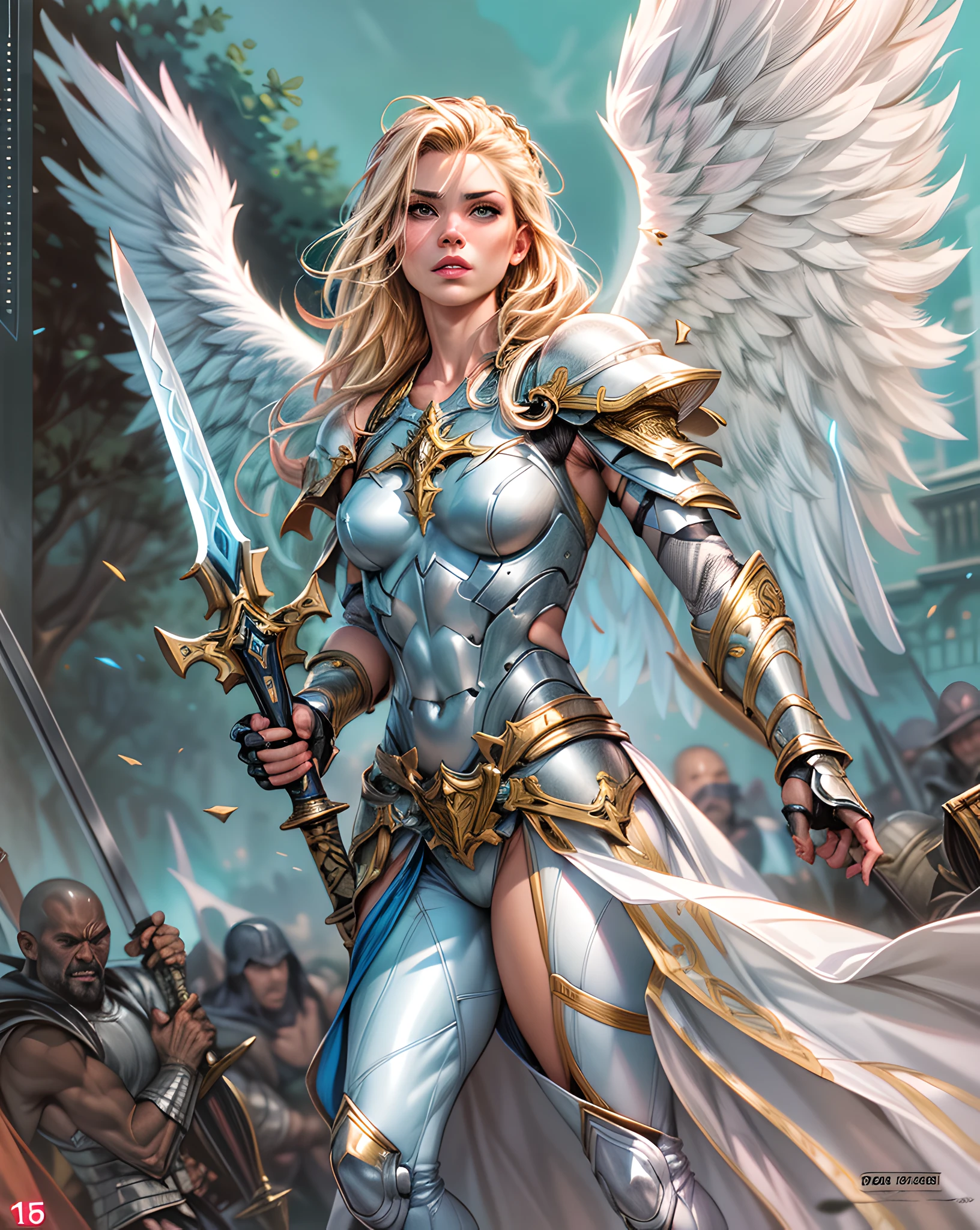 (Comic book cover art: 1.5), an female archangel prepared for battle, an extremally beautiful warrior angel, ultra feminine, long hair, blond hair, braided hair, wearing divine heavy armor, (white armor: 1.2), (angel wings: 1.2) spread, aremed with fantasysword sword, sword covered with blue fire, 16k, RAW, ultra wide shot, photorealism, depth of field, hyper realistic, 2.5 rendering, comic cover