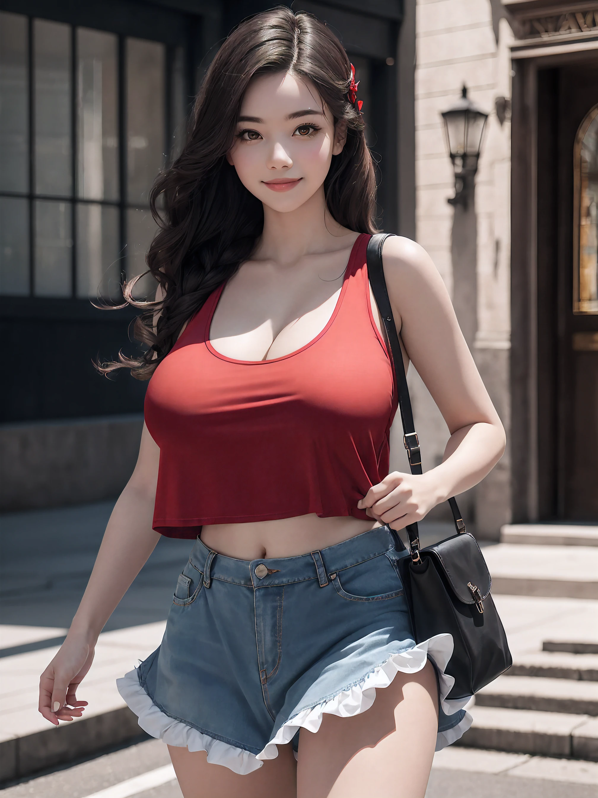 (8k, RAW photo, best quality, masterpiece:1.2), (realistic, photo-realistic:1.37), hyper realistic lighting, professional color grading, (looking at viewer:1.4), (full_body), (1girl, 20yo:1.2), (gigantic breasts:1.4), (red_clothing_theme:1.2), colorful, accessories, bag, hair ornament, tank top, pleated_ruffle_skirt, sneakers, denim, intricate_see-through_t-shirt, smile,