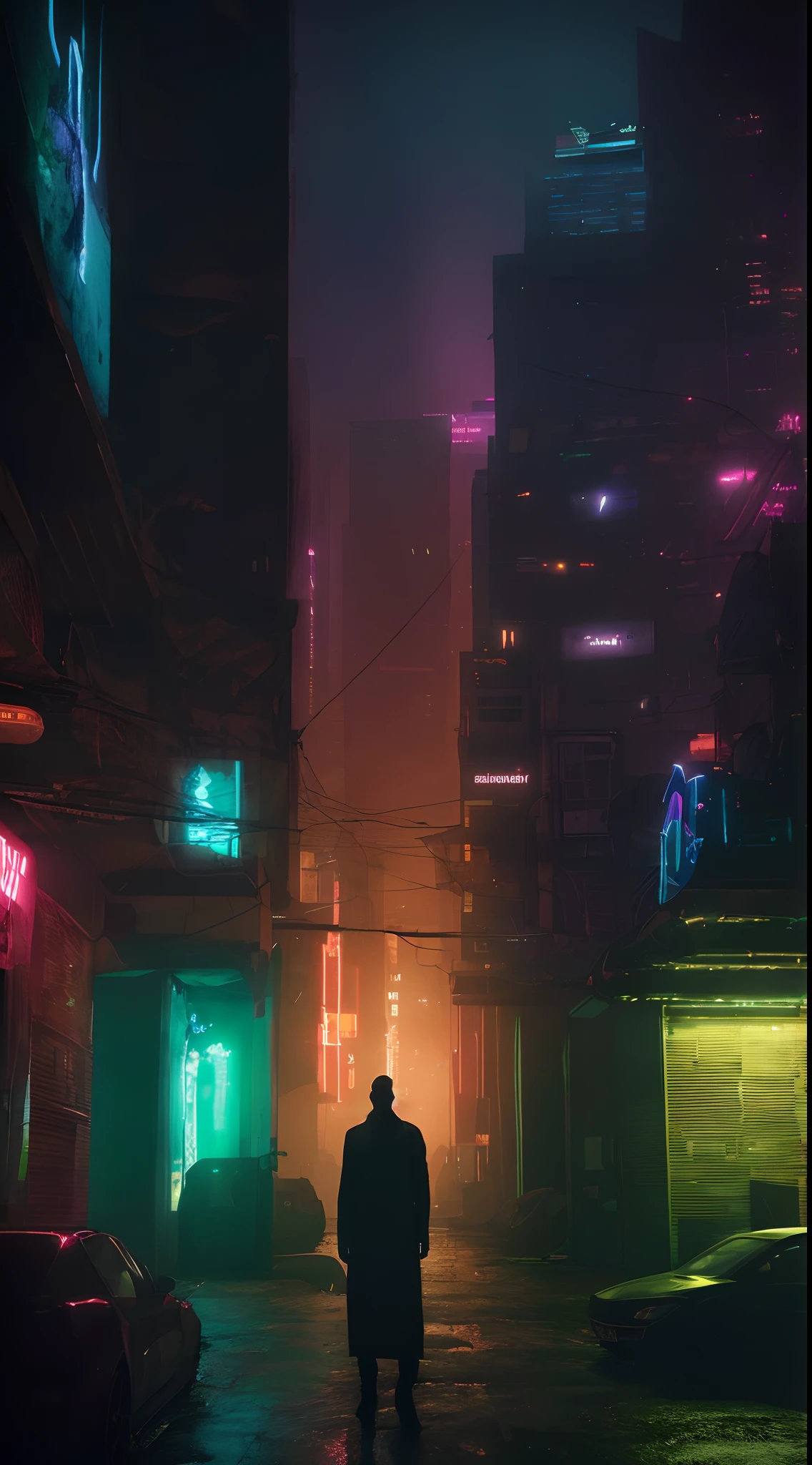 Image of a man standing in a dark city at night, em cyberpunk city, cyberpunk streets at night, Rua Cyberpunk, cyberpunk street at night, Beco Cyberpunk, rua noturna cyberpunk, blade runner vibes, rua da cidade cyberpunk, em uma cidade cyberpunk, cyberpunk em uma cidade cyberpunk, em uma cidade cyberpunk futurista, atmosfera cyberpunk, cidade cyberpunk hiper realista