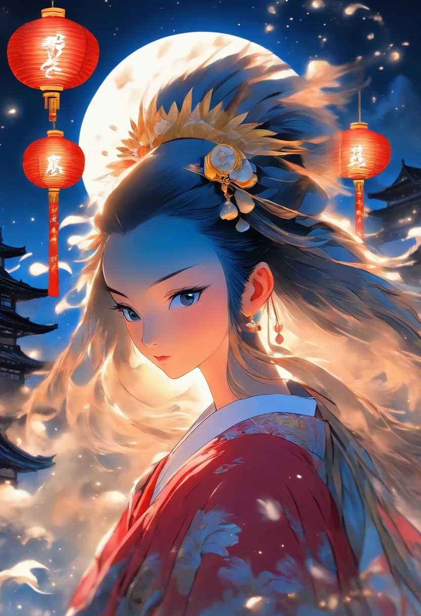 princess, feather cloak, cloak over shoulders, lunar entourage, feudal Japan, night, full moon in the background, Shui Mo Hua, lotus, Chinese painting style, Thangka style, masterpiece, lunar light, depth of field, best quality