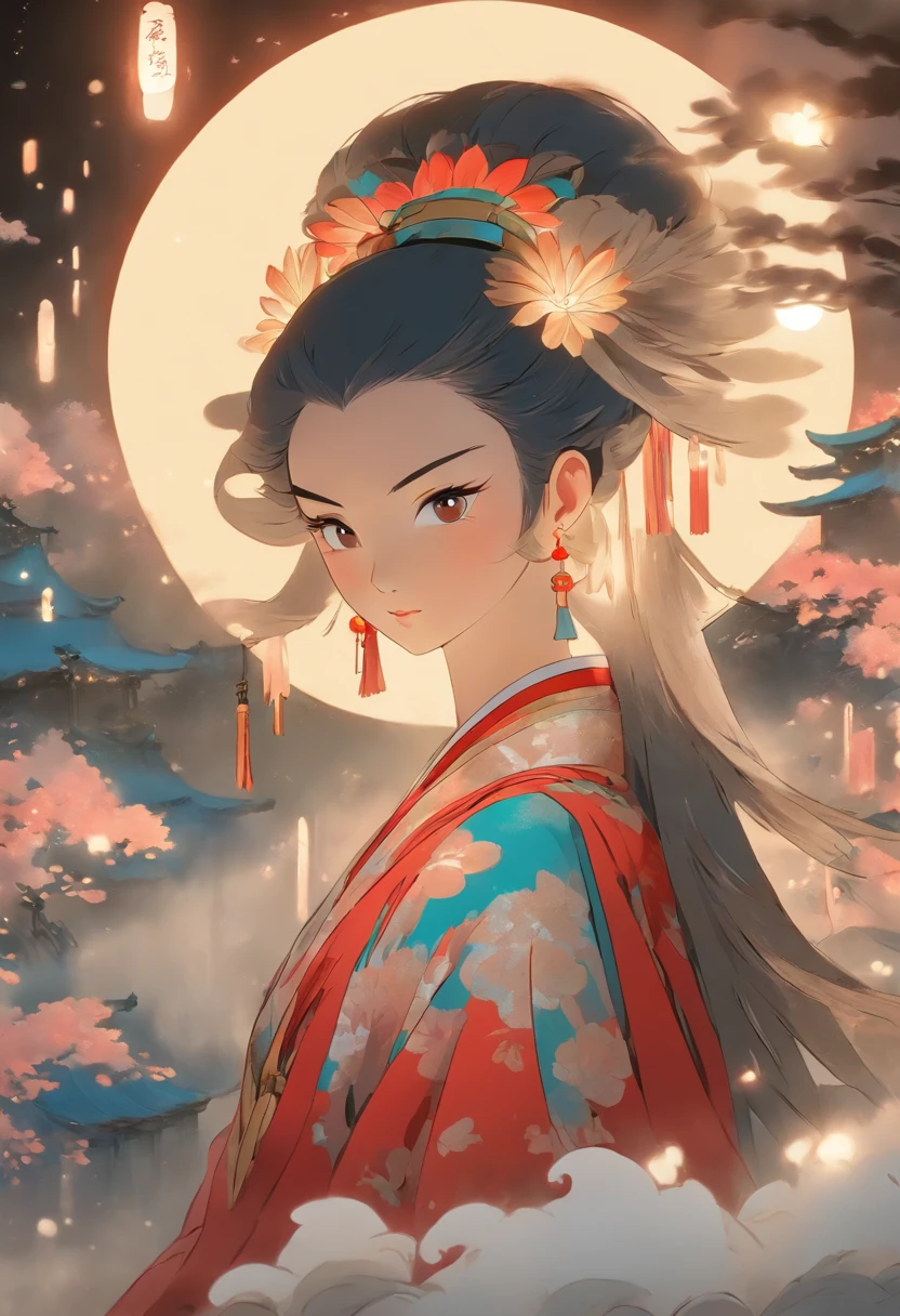 princess, feather cloak, cloak over shoulders, lunar entourage, feudal Japan, night, full moon in the background, Shui Mo Hua, lotus, Chinese painting style, Thangka style, masterpiece, lunar light, depth of field, best quality