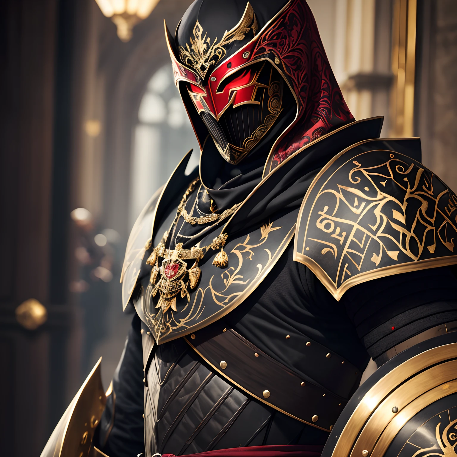 (((Mann))),Dunkle Szene, Gesicht, Full Plate Armor, Maske, Rote Augen, High Quality, super detailliert, Super Dark Armor, Vorderseite, dunkleres Bild, Vorderseite, 4 Metallflügel, mehr vorne, ((Red ornament with golden rims)), ((Man)),(Detailliertes Outfit, Detaillierte Kleidung), (Dynamische Pose:1.0)