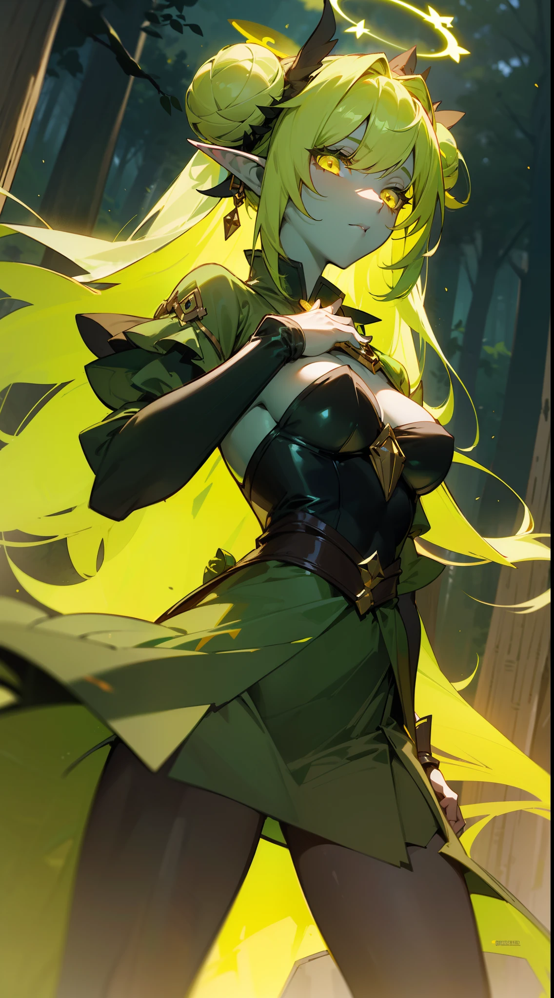 1girl,solo,((green skin,colored skin)),medium breasts,green hair,double bun,elf ears,pink eyes, empress of nature dress,black pantyhose,(((yellow halo))),(night castle in forest), night,