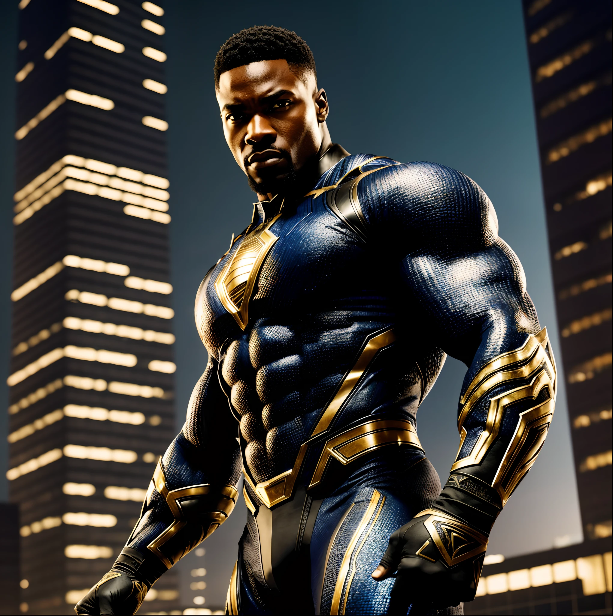 ultra-detailed,african superhero,muscular and handsome physique,strong and powerful presence,mesmerizing eyes,determined expression,heroic pose,futuristic high-tech suit,deep shades of black,rich colors and vibrant tones,emphasizing African heritage and culture,sharp and dynamic lighting,urban cityscape as backdrop,expressive and intense atmosphere,showcasing strength and resilience,impressive physique and heroic essence,photorealistic rendering,masterpiece:1.2