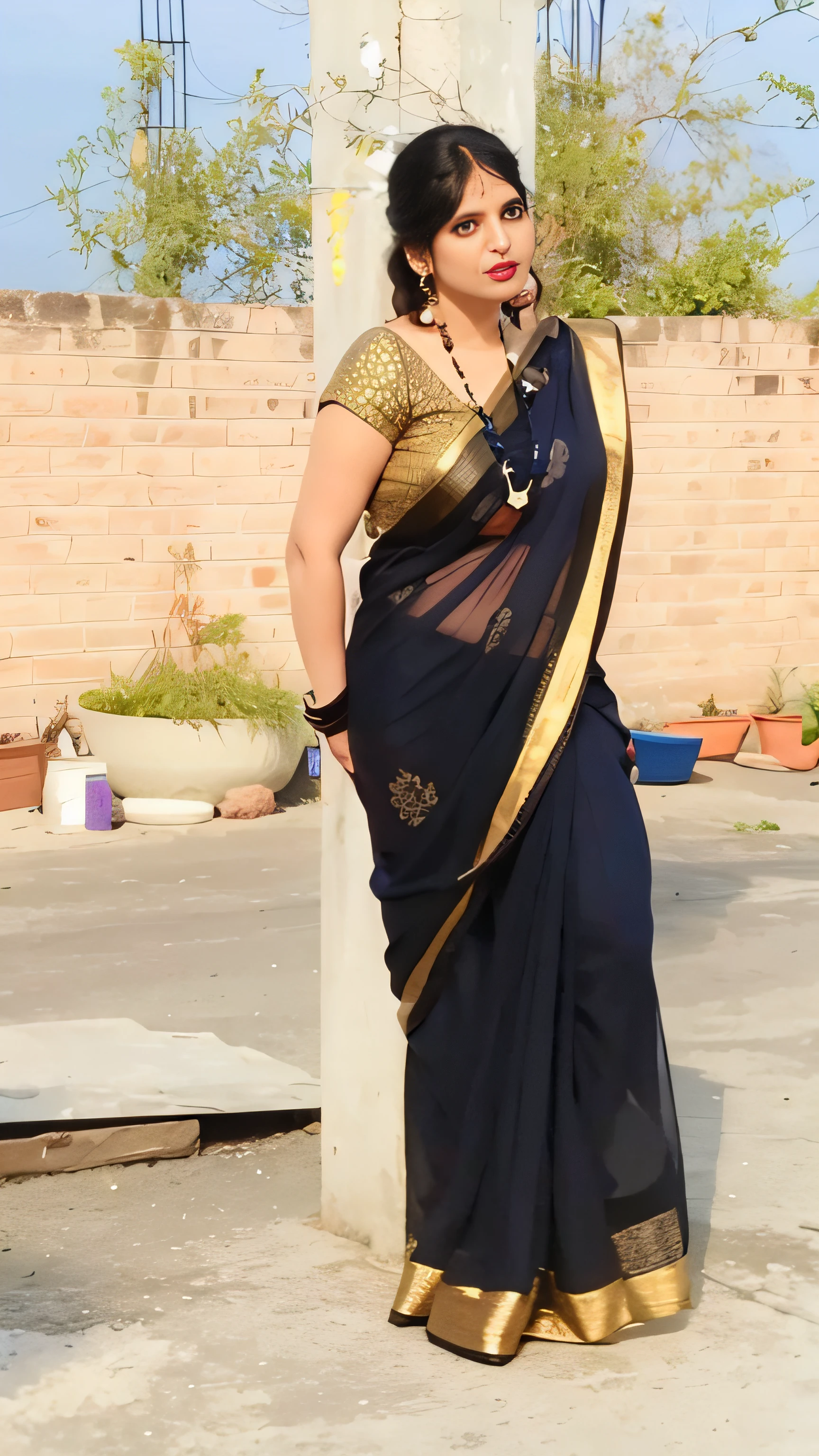 a woman in a sari standing in front of a pillar, dressed in a sari, wearing a sari, wearing sari, with lovely look, candid picture, doing an elegant pose, sari, posing!!, blue colored traditional wear, profile image, very beautiful enga style, indian goddess, very attractive and beautiful, 3 0 years old woman, 30 years old woman