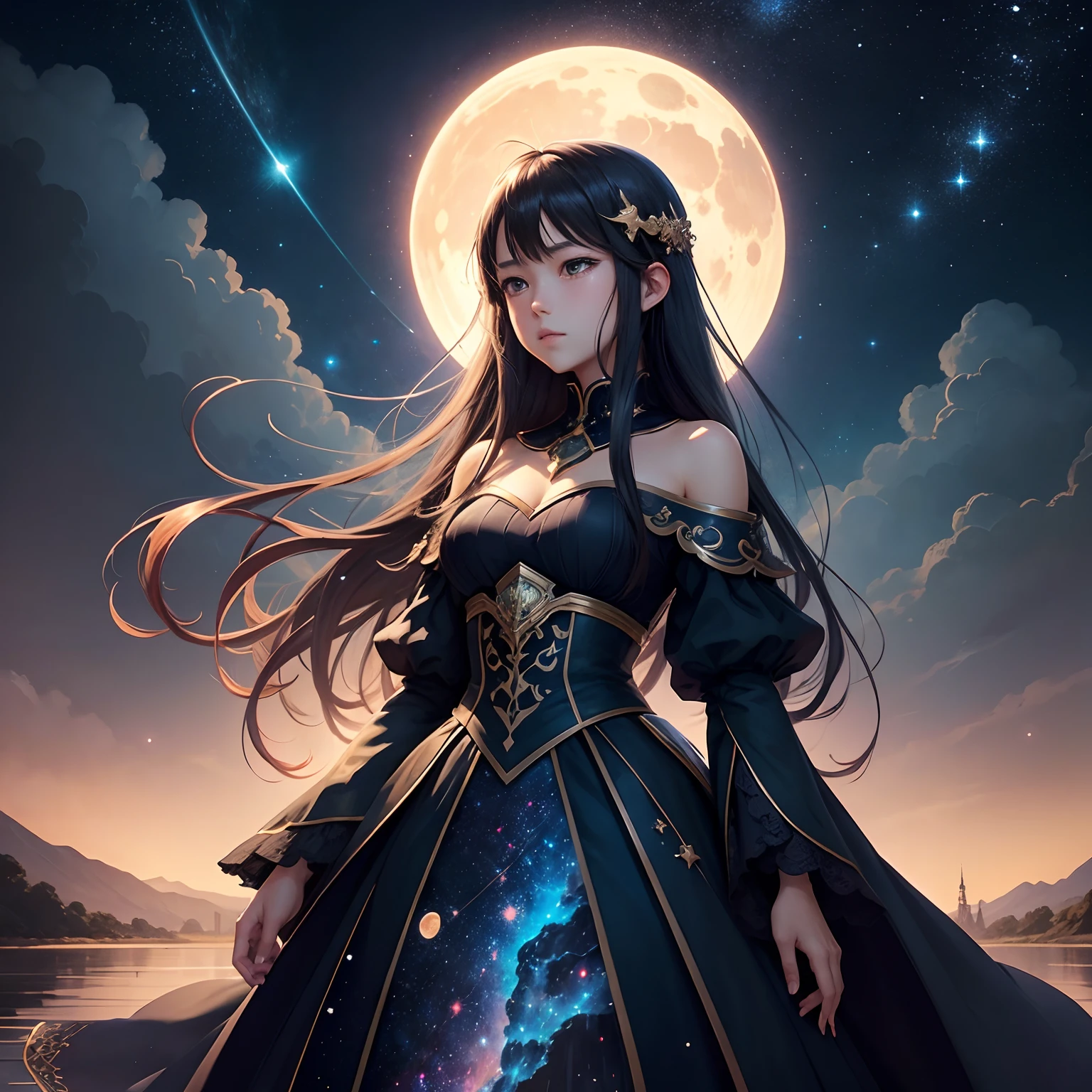 A highly condensed beauty dressed in a painting of stars and moons in the river and sky, concept art inspired by Tosa Mitsuoki, pixiv competition winner, best quality, fantasy art, beautiful anime scenes, a round of bright moon, starry sky environment in the moonlight, dream painting, anime background art, dream landscape art, fantastic night, anime background, background artwork, fantastic art, atmospheric anime, starry sky, detail enhancement.