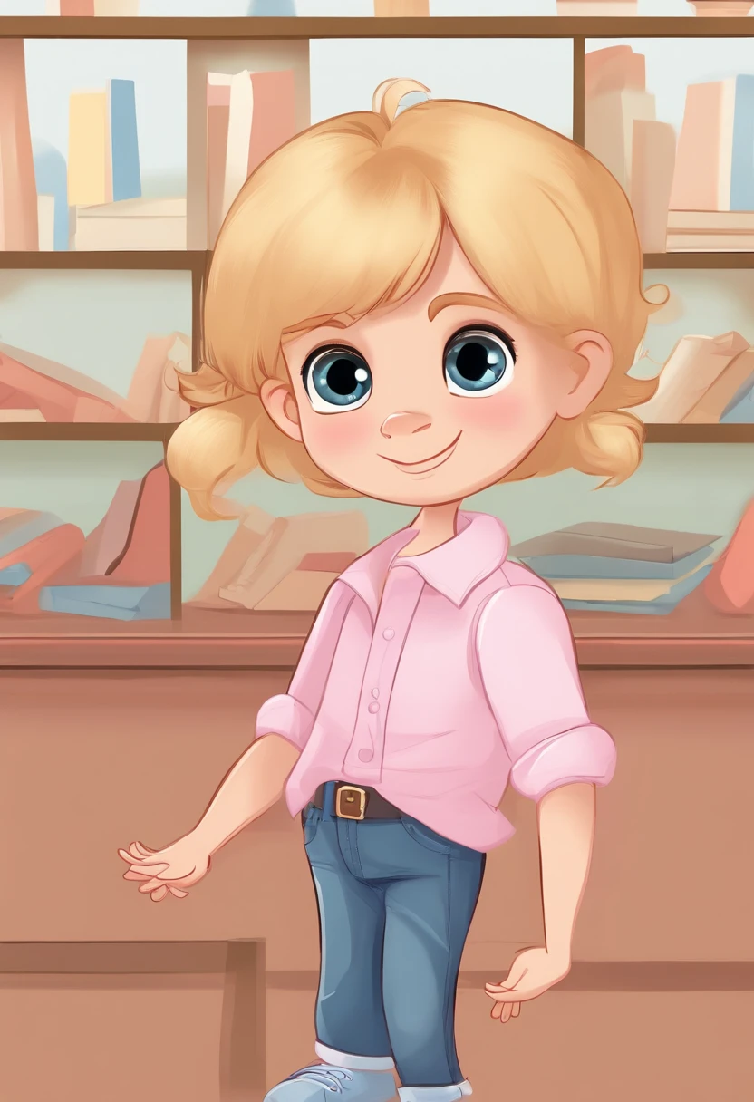 Cute little boy, Various poses and expressions on white background, Children's book illustration style, Simple, Cute, for 6 years old, long straight blond hair，Tied ponytail and bangs, Pink short-sleeved shirt, Picture of jeans , No belt, No hat, without book, No glasses, No backpack.