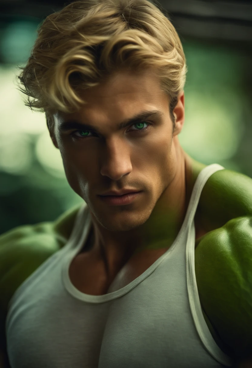 young-looking man, blonde green eyes saradão like the hulk