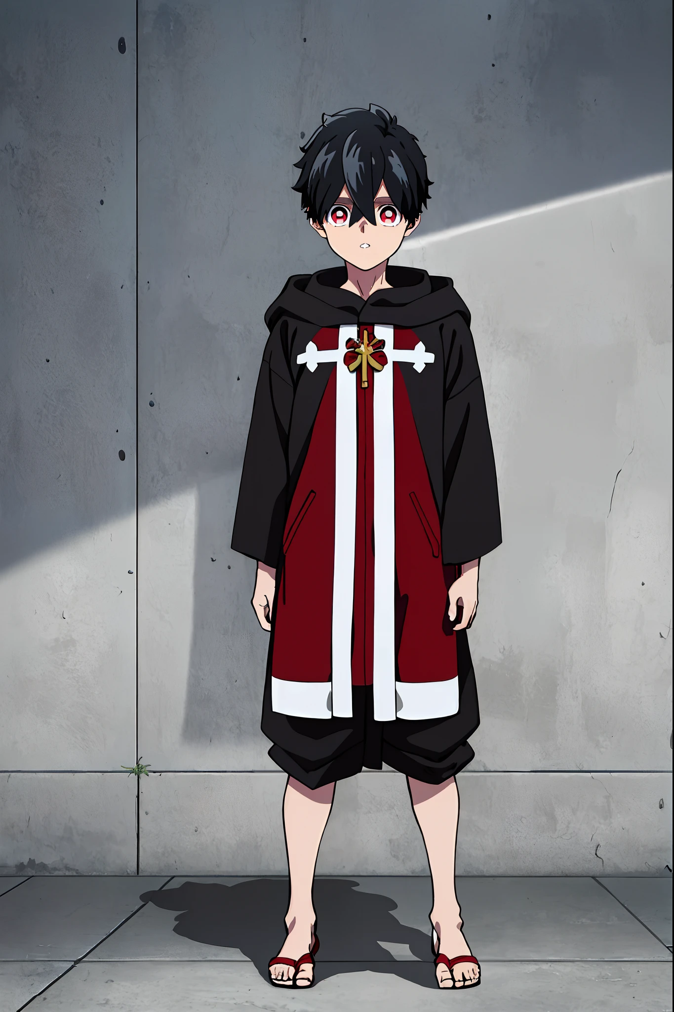 masterpiece, best quality, high quality, 1boy, solo, male focus, looking at viewer, upper body, kabane_kusaka, black hair, red eyes, hair between eyes, , coat, full body, flipflops, cleric, monk, religious