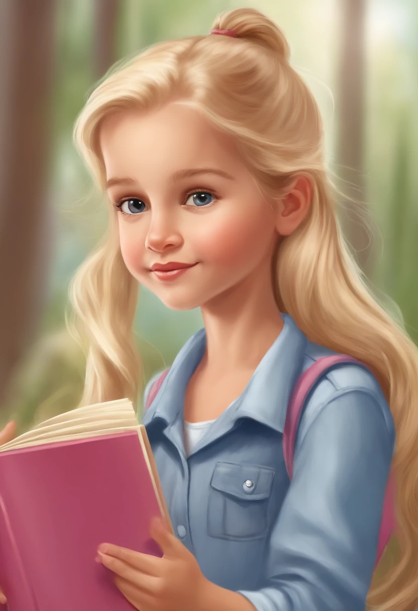 Lovely little explorer, Various poses and expressions on white background, Children's book illustration style, Simple, Cute, for , long straight blond hair,Tied ponytail and bangs, Pink short-sleeved shirt, Pictures of jeans , No belt, No hat, without book, No glasses, No backpack.