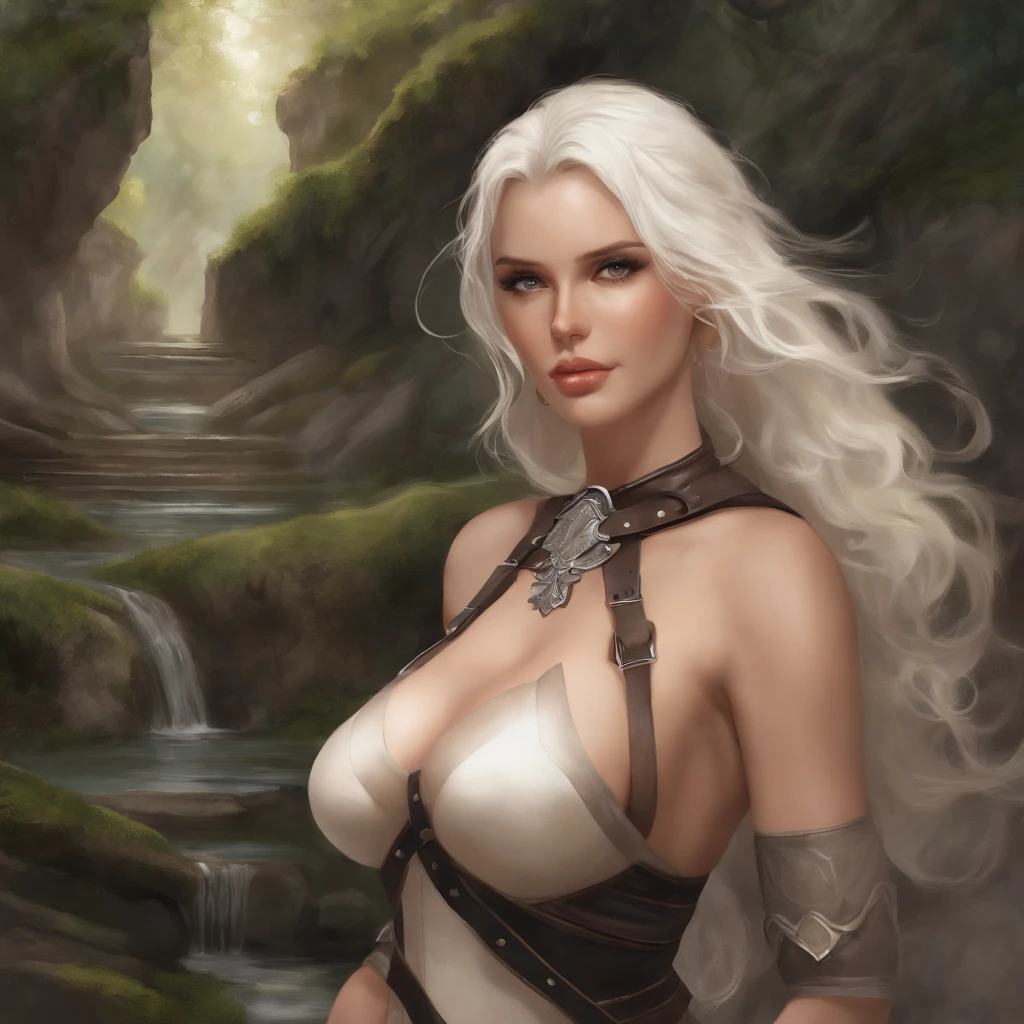 Illustration of ((gigantic breasts)), huge breasts, scantly clad female knight, long flowing white hair, mature woman, milf, sexy, seductive, alluring, erotic, nsfw, wearing black leather body straps harness, Micro thong, masterpiece, sketch, [[soft watercolour painting]], ancient ruins, moss, nature, shallow water, looking at viewer teasing you with her breasts, anime, detailed face, detailed eyes, detailed face, ultra detailed, ((anime)), cowboy shot