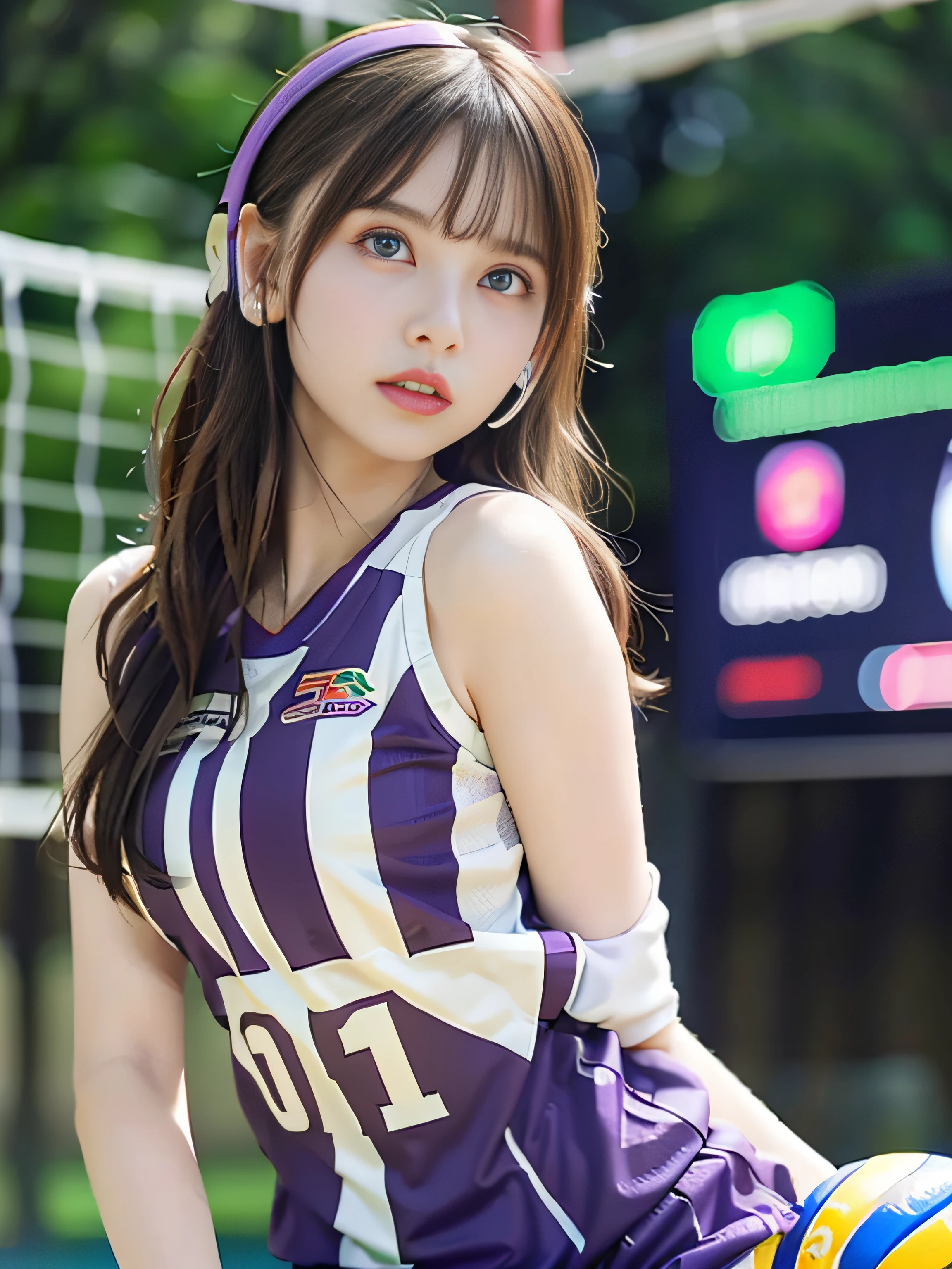 top-quality、​masterpiece、超A high resolution、(Photorealsitic:1.4)、Raw photo、1girl in、glowy skin、headset on head、((super realistic details))、portlate、globalillumination、Shadow、octan render、8K、ultrasharp、((delicate body shape))、Future hair ornament、(Red and white uniforms of volleyball team:1.3)、((Colossal tits:1.4))、(skin tanned:1.4)、highly intricate detail、Realistic light、Metal shine、CGSoation Trends、(a purple eye:1.4)、(radiant eyes)、Facing the camera、neon details、Sitting holding a volleyball、Cyberpunk background、Small LED lamp、(Purple and green lighting from behind)、