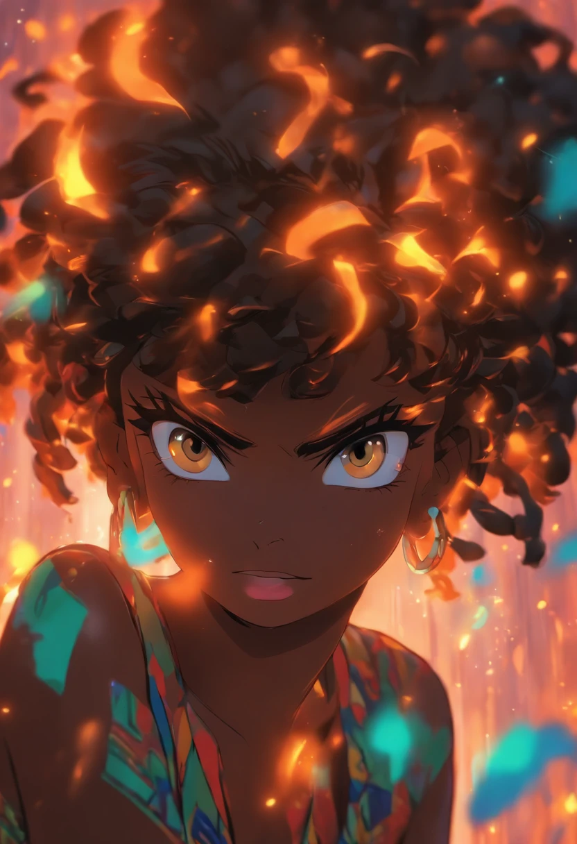 15 year old girl, dark skin, anime,(African),(Masterpiece), (best quality), ((super-detailed)), (illustration), (realistic:0.5),(ultra-detailed face), , (flat color:0.8),(retro color styles ),(pop art style), head turner, cinematic,,niji style