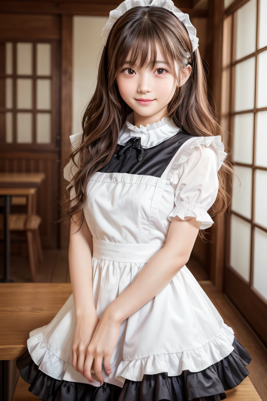 Top image quality、8K、masterpiece:1.3))、Realistic high-quality photos、top-quality、girl cute-fine face、13 years old beautiful Japan girl、Photo of slim little girl model、Beautiful girl model、young japanese girl、Young cute face、japanaese girl、13-year-old female model、Beautiful Model Girl、The innocent look of the girl next door、lovely delicate face、Brown hair、Beautiful brown eyes、Tear bag、drooing eyes、young body、Wearing a cute black maid costume with short sleeves satin、At the café with a big smile、White ruffled headband、Apron with white ruffles、a black choker、Glamorous figure、