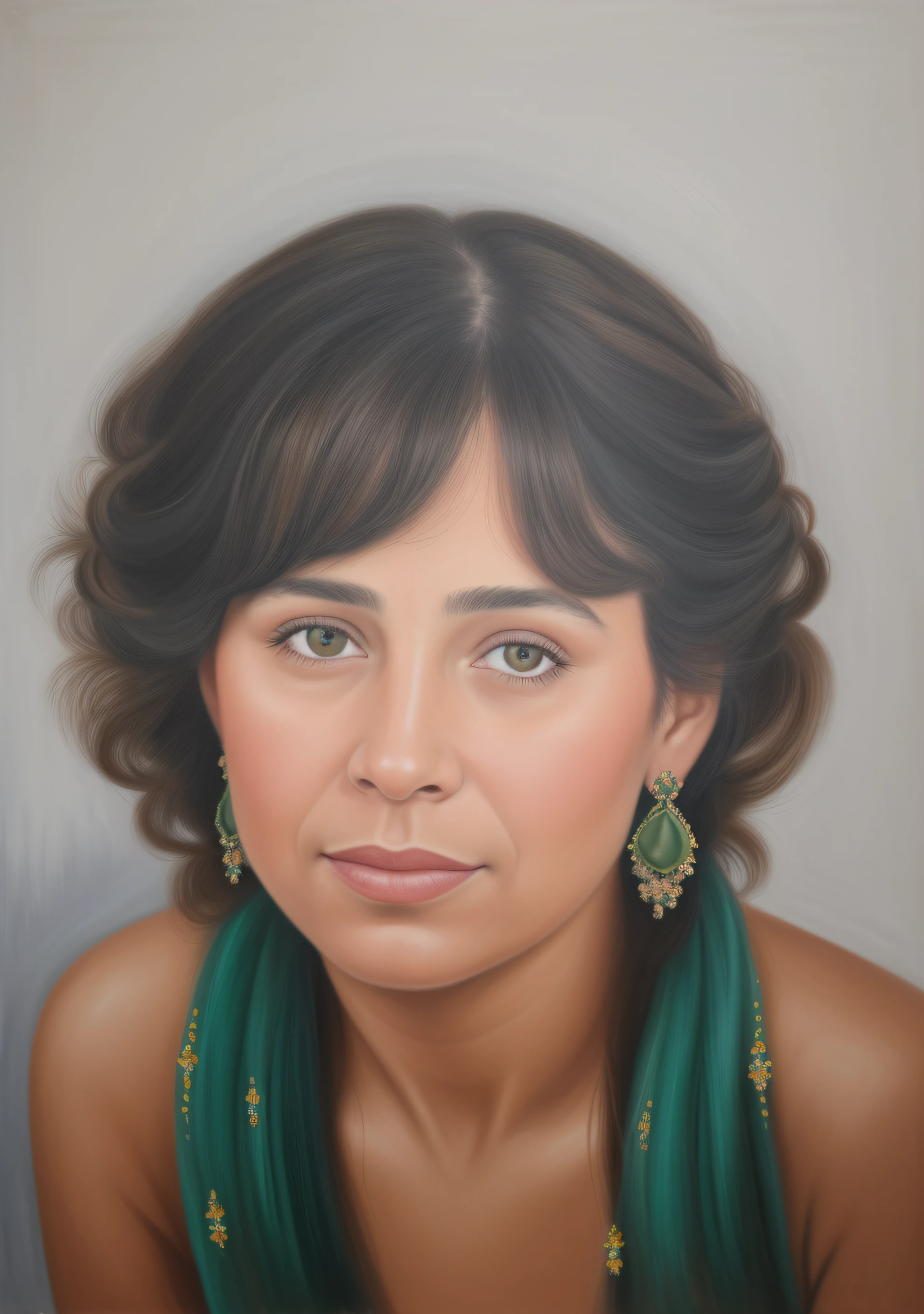 Hay una mujer con un vestido verde y aretes, Retrato de estudio realista, Retrato en color, Foto de retrato realista, Retrato fotorrealista, Cara realista, in a oil painting style, Retrato realista, Retrato detallado en color, portrait realistic photograph, Maya realista, Retrato de medio cuerpo de Juliana, Retrato fotorrealista, Arte digital de retrato, rendering of close up portrait, Retrato de arte digital
