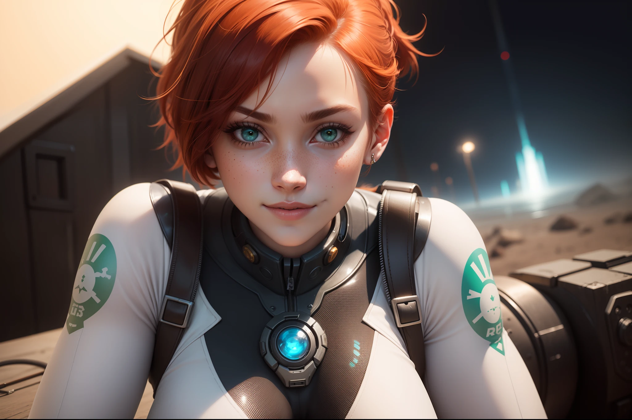 gwen tennyson,tracer,samus,rebecca chambers,overwatch,gundam,1girl,close up,mecha pilot,space port,mecha space suit,space marine,pirate corset, white long sleeve lycra top,white leggings,short hair,war makeup,green eyes,orange hair,purple highlights,shy smile,freckles,redhead,beautiful girl,large breasts,ultra detailed,realistic,fantasy art,