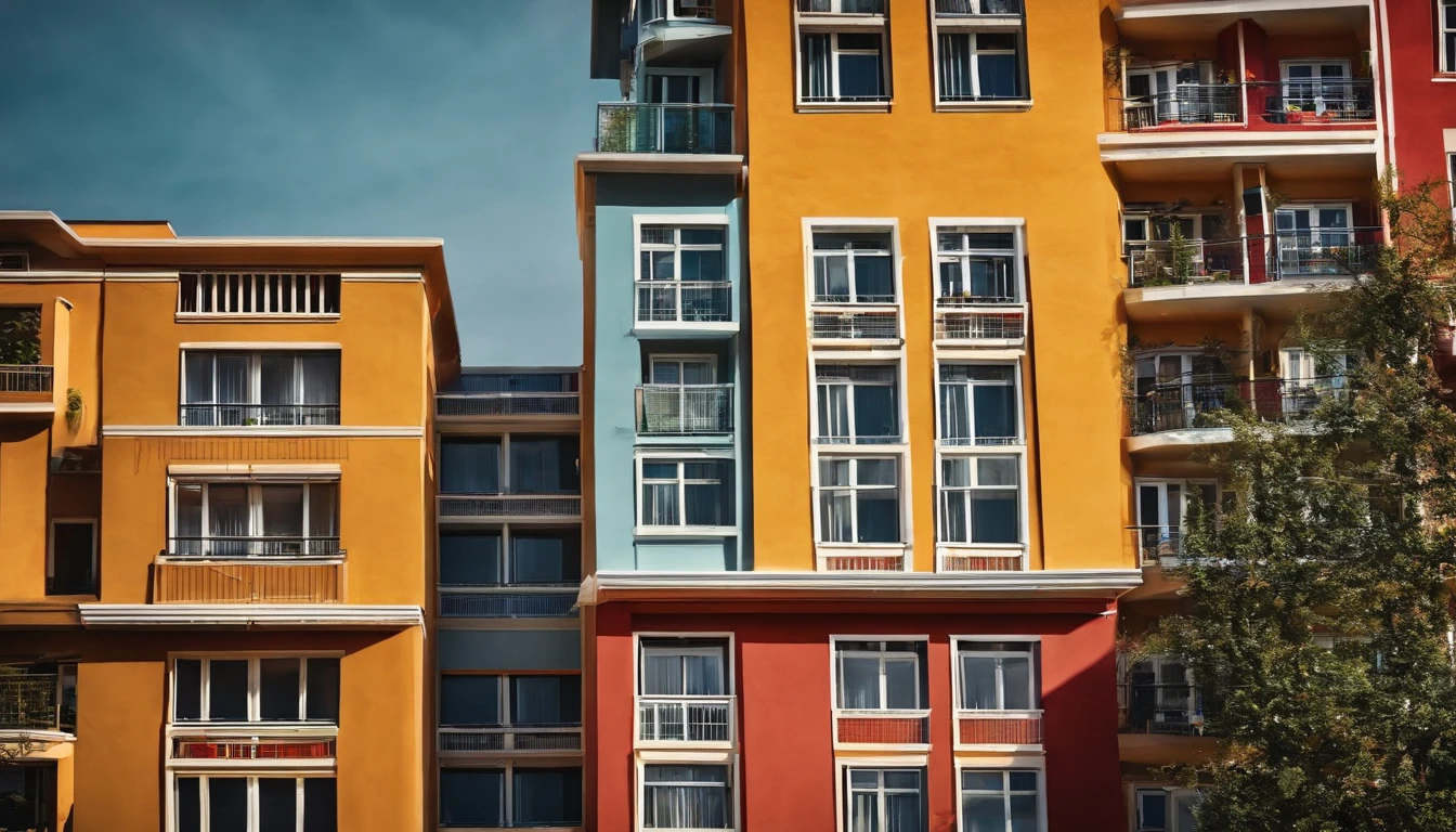 One block of flats with multiple units. One of the apartments is with the condominium slips coming out the window, detalhista, real