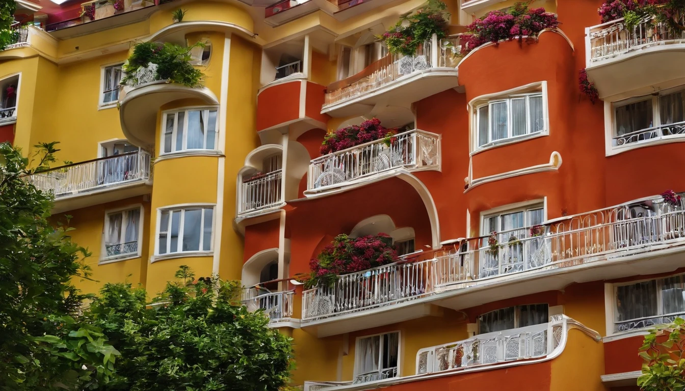 One block of flats with multiple units. One of the apartments is with the condominium slips coming out the window, detalhista, real