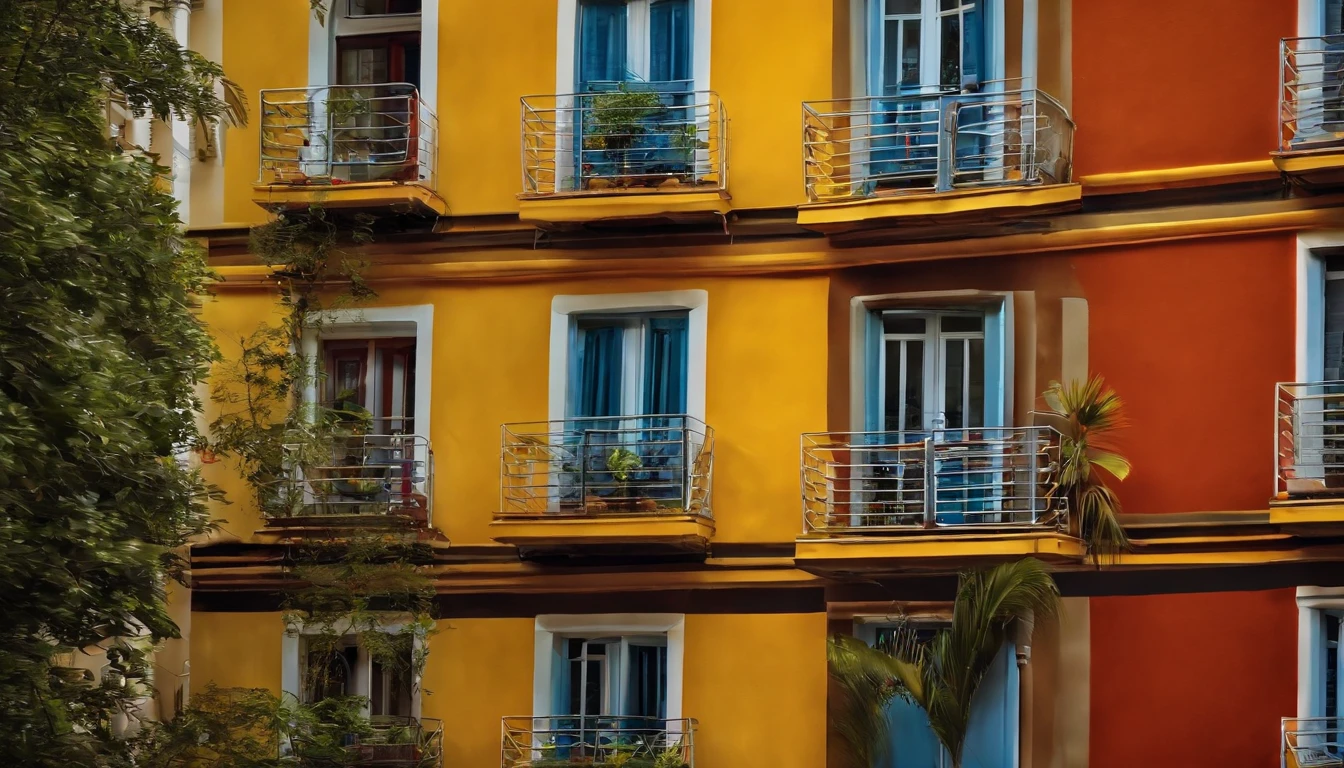 One block of flats with multiple units. One of the apartments is with the condominium slips coming out the window, detalhista, real