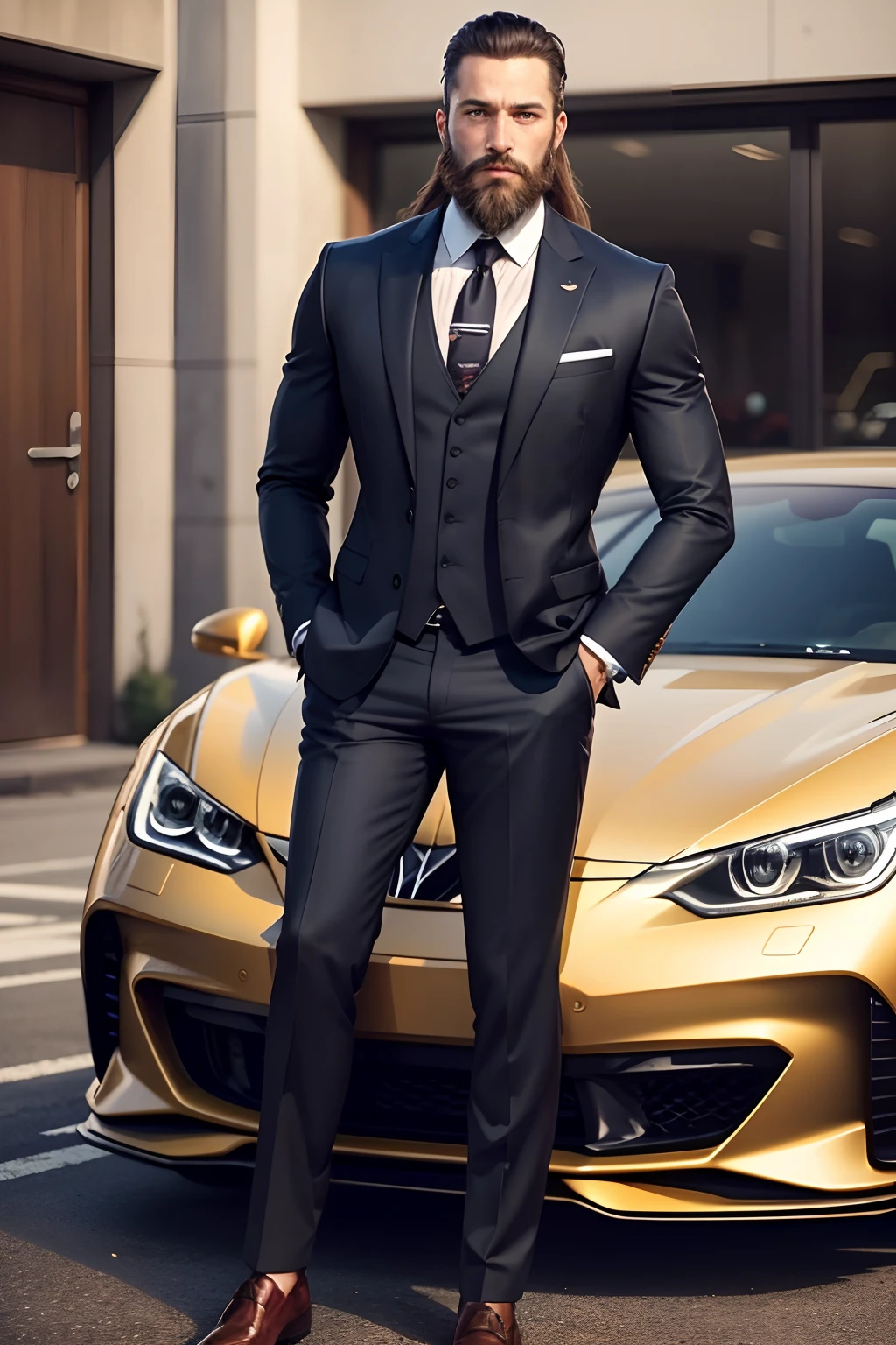 Well dressed man. 40 years old. He wears a full beard. Three piece suit. Confident face. A shiny luxury car in the background. Teddy bear on the floor. Realistic.