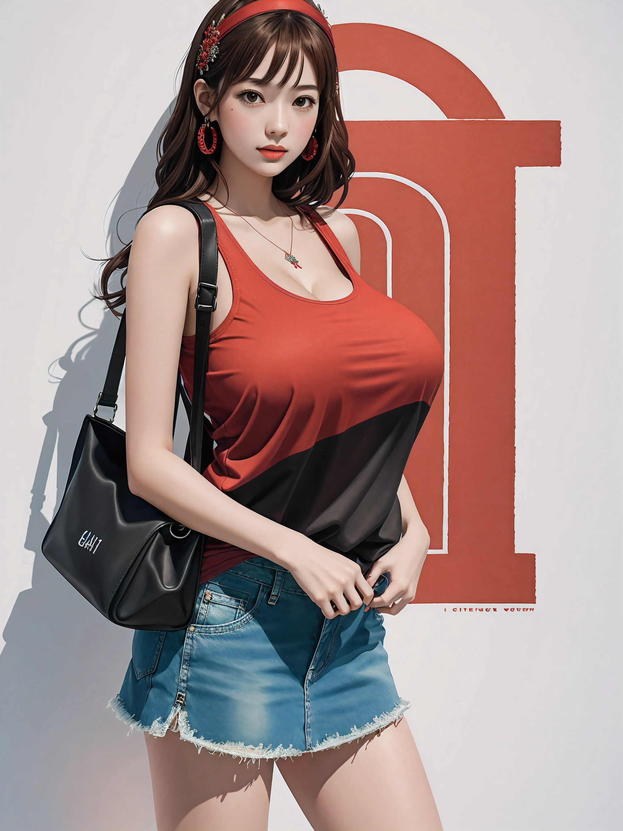 (best quality, masterpiece:1.2), (best illustration), (extremely detailed illustration), (looking at viewer:1.4), (full_body), (1girl, 25yo:1.2), (gigantic breasts:1.4), (red_clothing_theme:1.3), colorful, accessories, bag, hair ornament, tank top, micro miniskirt, sneakers, denim, t-shirt,