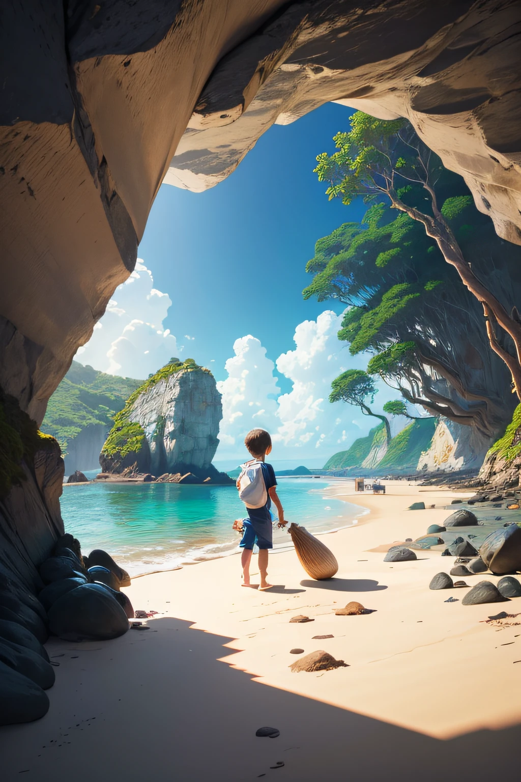 illustration of barefoot skinny Toddler boy with bottles, apron pockets, straight hair no bangs, schucking, sorting, bottling oysters on a boulder by the beach, on a primitive island. A cave and coconut trees at a far distance. Bright color, ultra detailed landscape. Rendered in vector style.