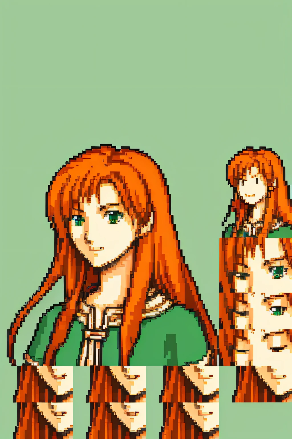 solo focus, (FE8-Style, Quarterbody, Frames:1.2), saturated sprite, simple background, 1girl, long hair, auburn hair, green tunic, druid clothes, light armor