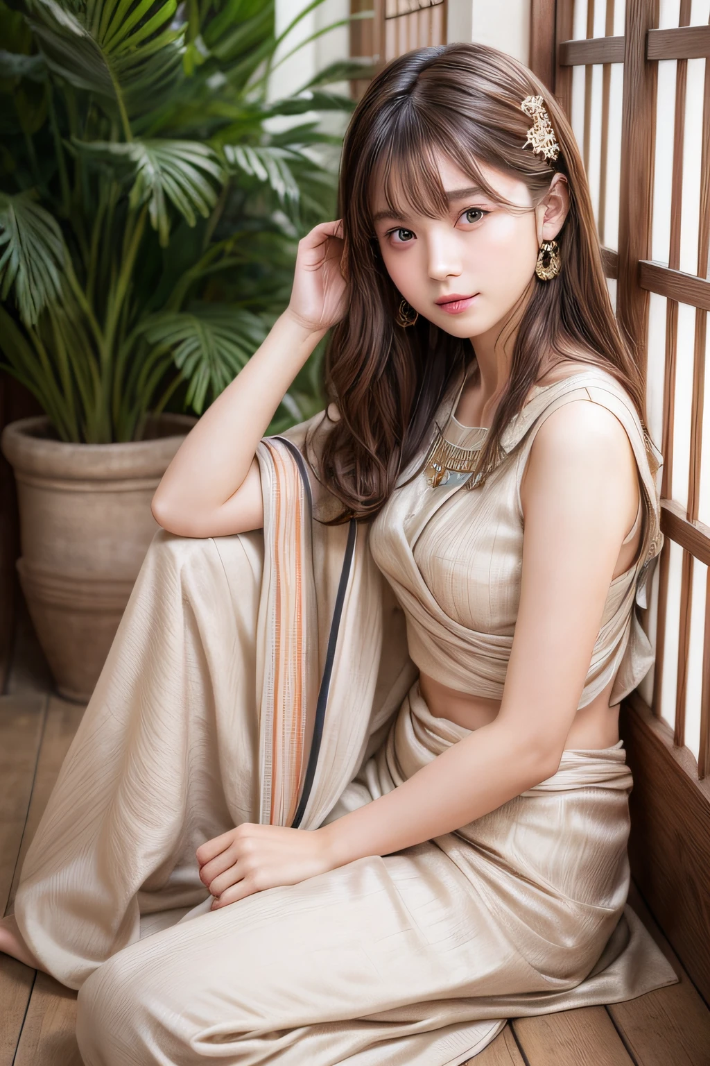Top image quality、8K、​masterpiece：1.3))、Realistic high-quality photos、top-quality、girl cute-fine face、13 years old beautiful Japan girl、Photo of slim little girl model、Beautiful girl model、young japanese girl、Young cute face、japanaese girl、13-year-old female model、Beautiful Model Girl、The innocent look of the girl next door、lovely delicate face、Brown hair、Beautiful brown eyes、Tear bag、drooing eyes、young body、Designer Jewelry, Traditional saris of Cleopatra fabric from top to bottom, Full body cover,