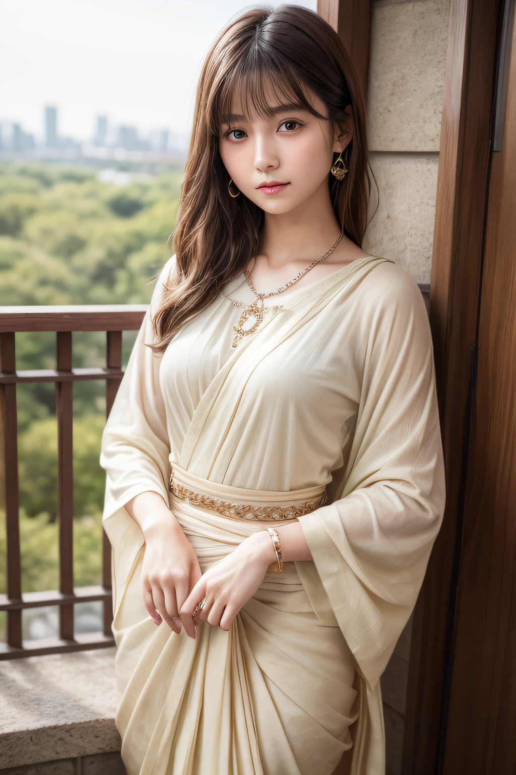 Top image quality、8K、masterpiece:1.3))、Realistic high-quality photos、top-quality、girl cute-fine face、13 years old beautiful Japan girl、Photo of slim little girl model、Beautiful girl model、young japanese girl、Young cute face、japanaese girl、13-year-old female model、Beautiful Model Girl、The innocent look of the girl next door、lovely delicate face、Brown hair、Beautiful brown eyes、Tear bag、drooing eyes、young body、Designer Jewelry, Traditional saris of Cleopatra fabric from top to bottom, Full body cover,